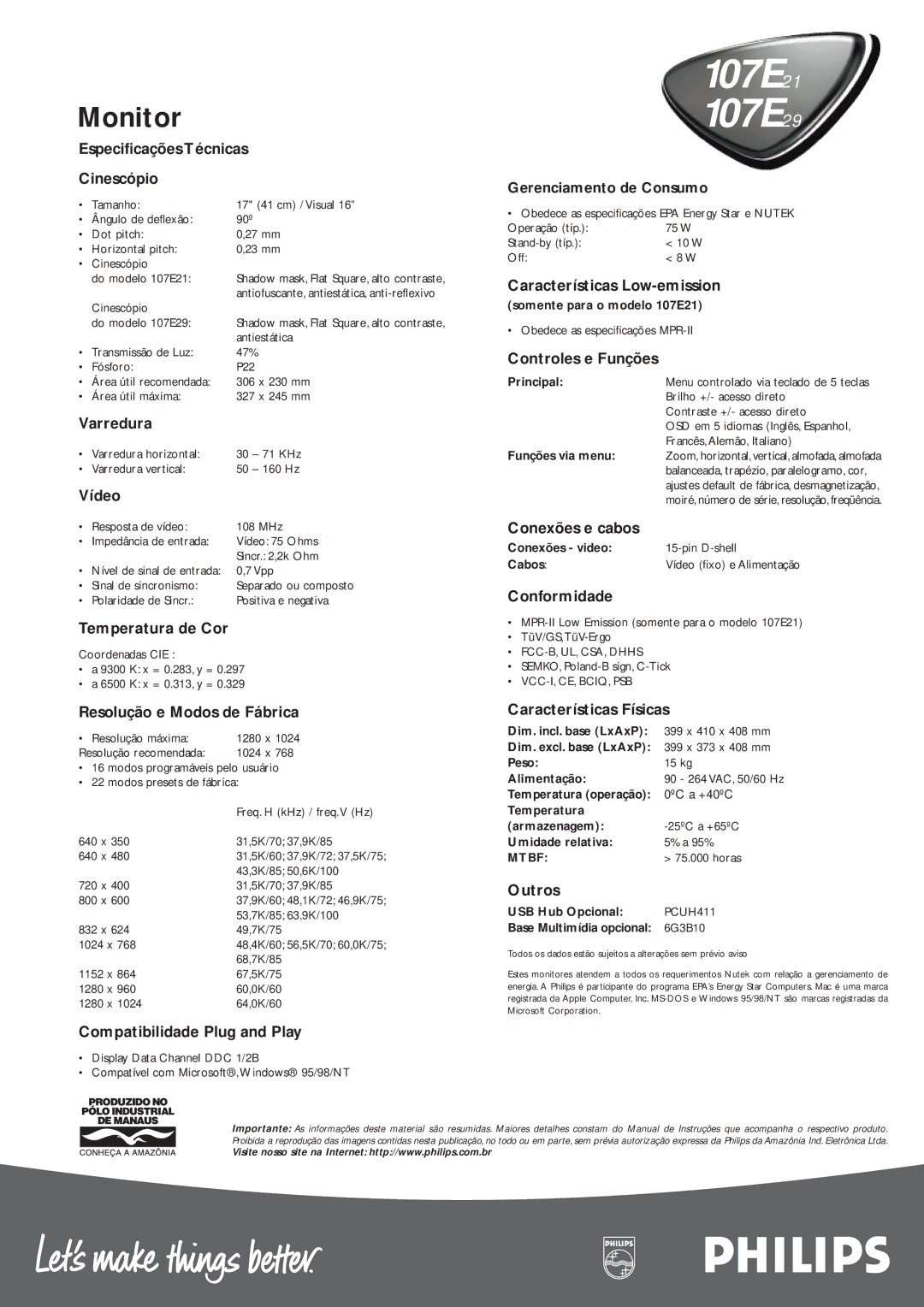 Philips 1.07E+31 manual Especificações Técnicas Cinescópio, Varredura, Vídeo, Temperatura de Cor, Gerenciamento de Consumo 