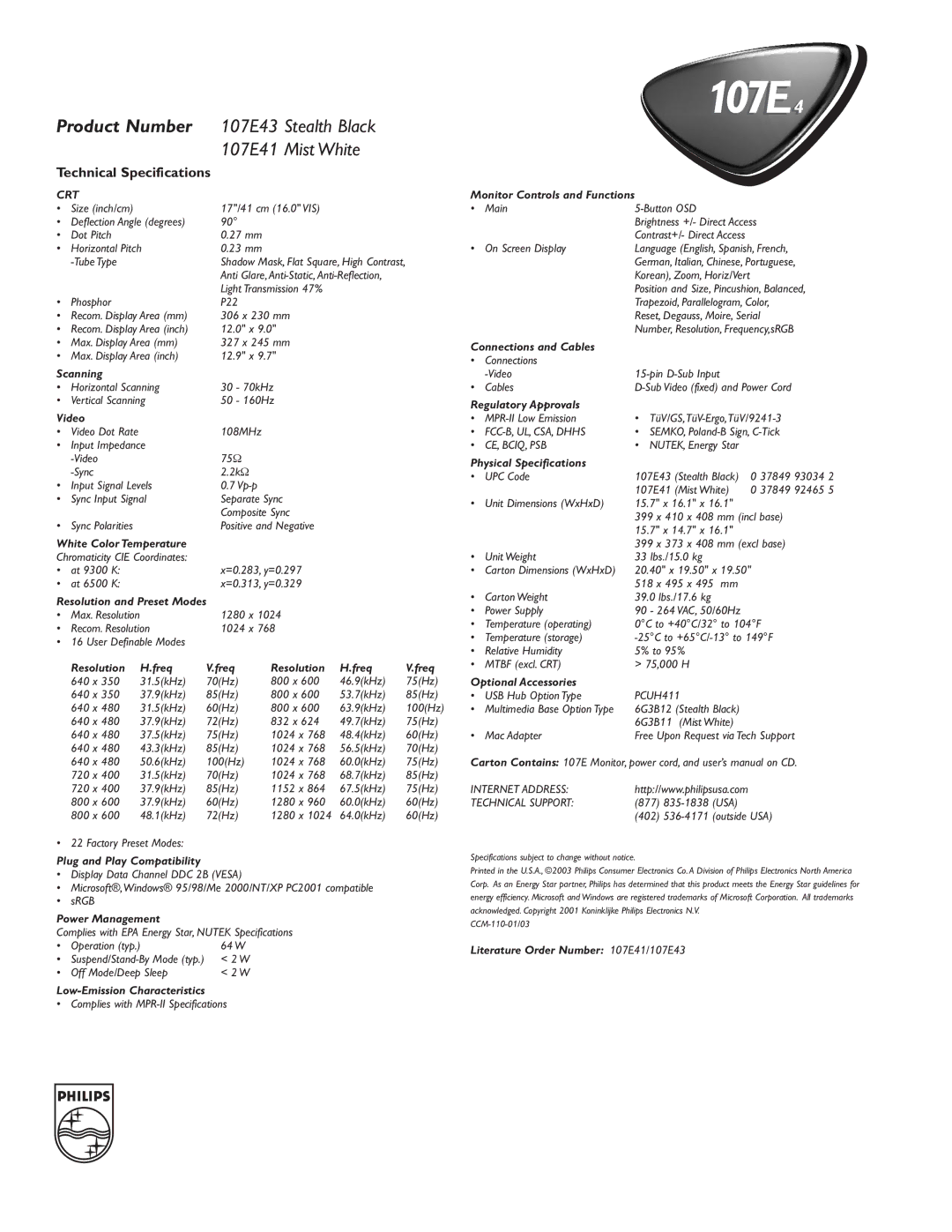 Philips 107E4 Scanning, Video, White Color Temperature, Resolution and Preset Modes, Resolution Freq, Power Management 