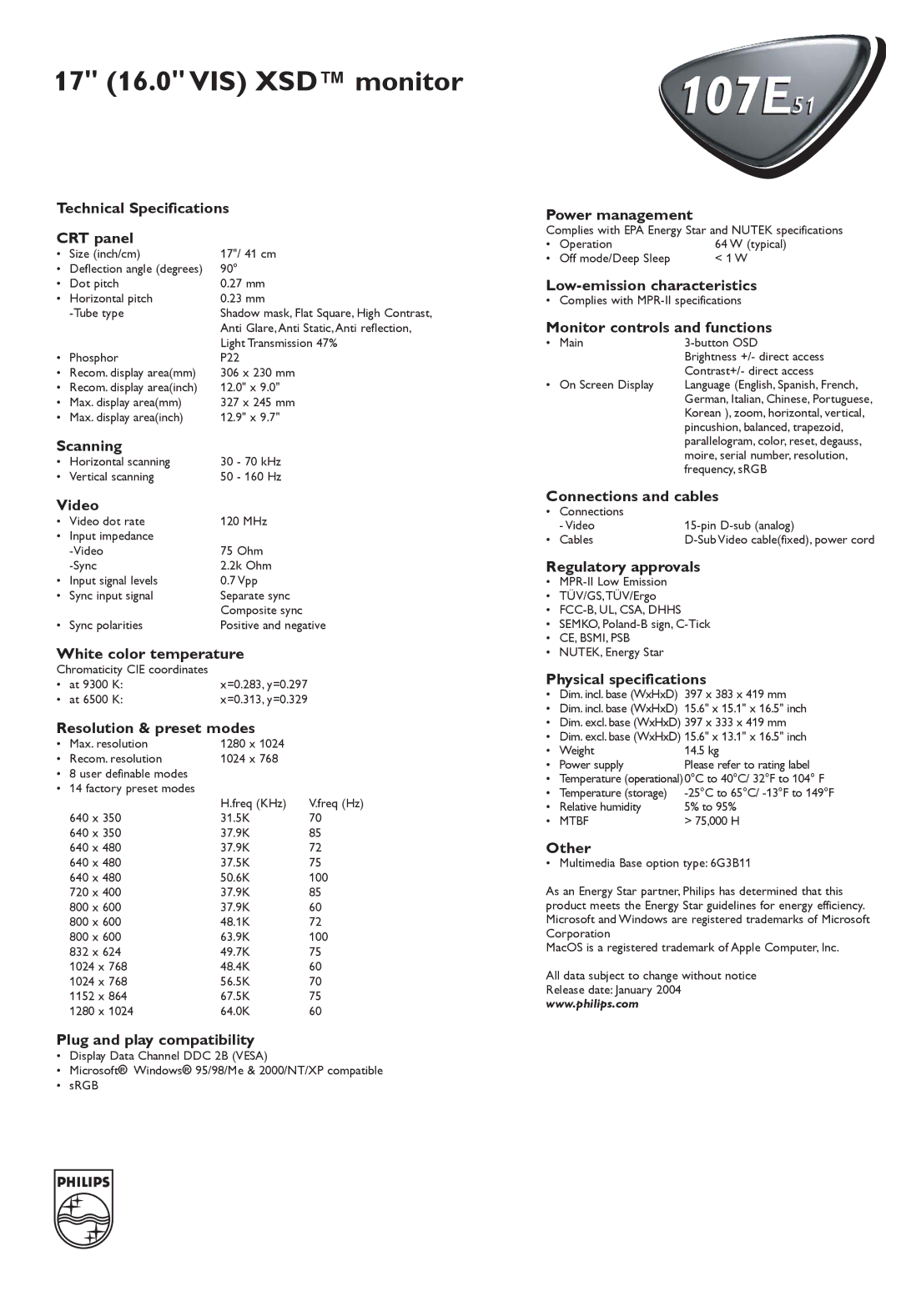 Philips 107E51 Technical Specifications CRT panel, Scanning, Video, White color temperature, Resolution & preset modes 