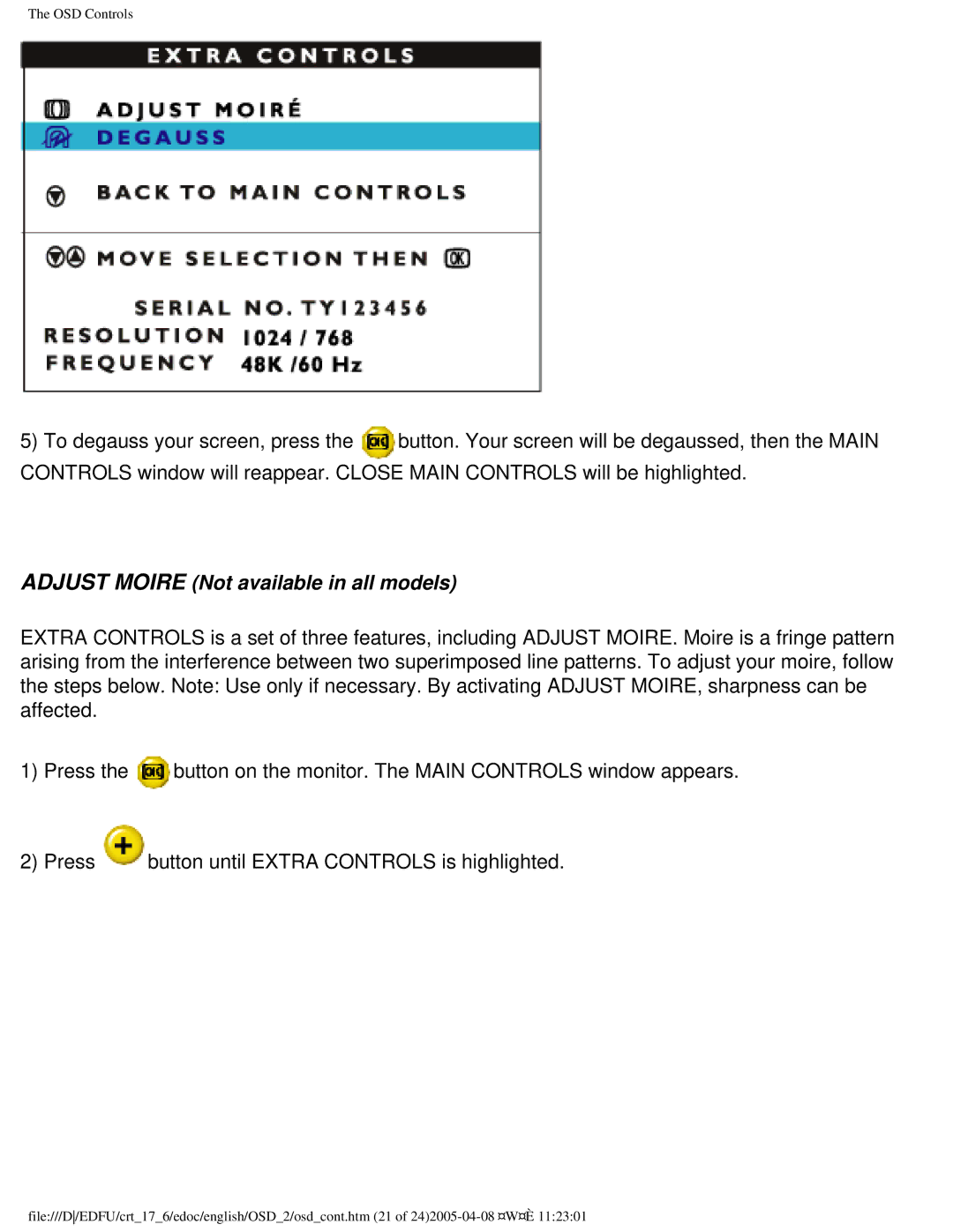 Philips 107E60 user manual Adjust Moire Not available in all models 