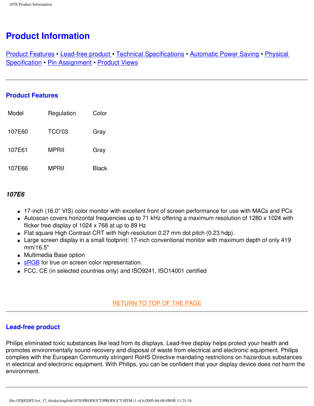 Philips 107E60 user manual Product Information 