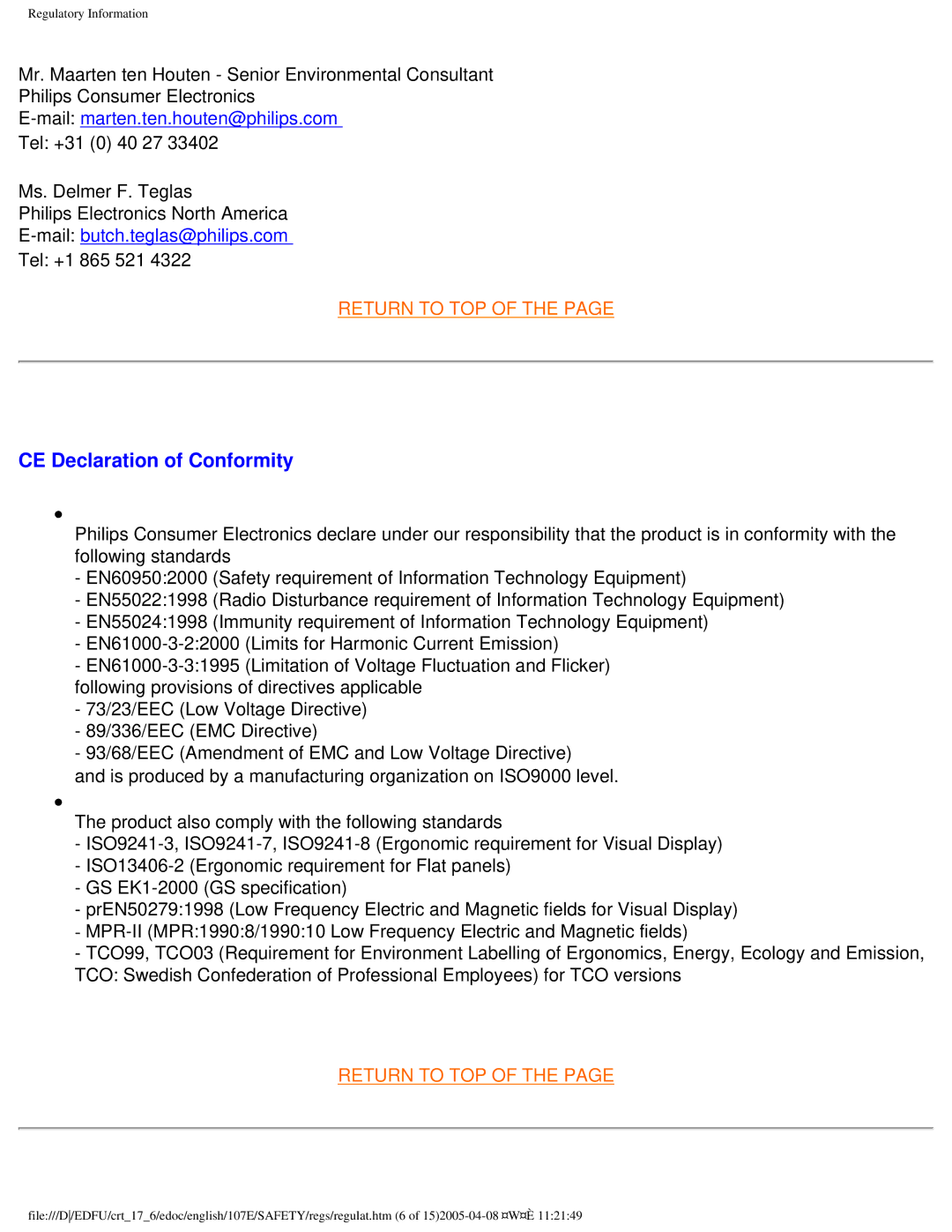 Philips 107E60 user manual CE Declaration of Conformity 