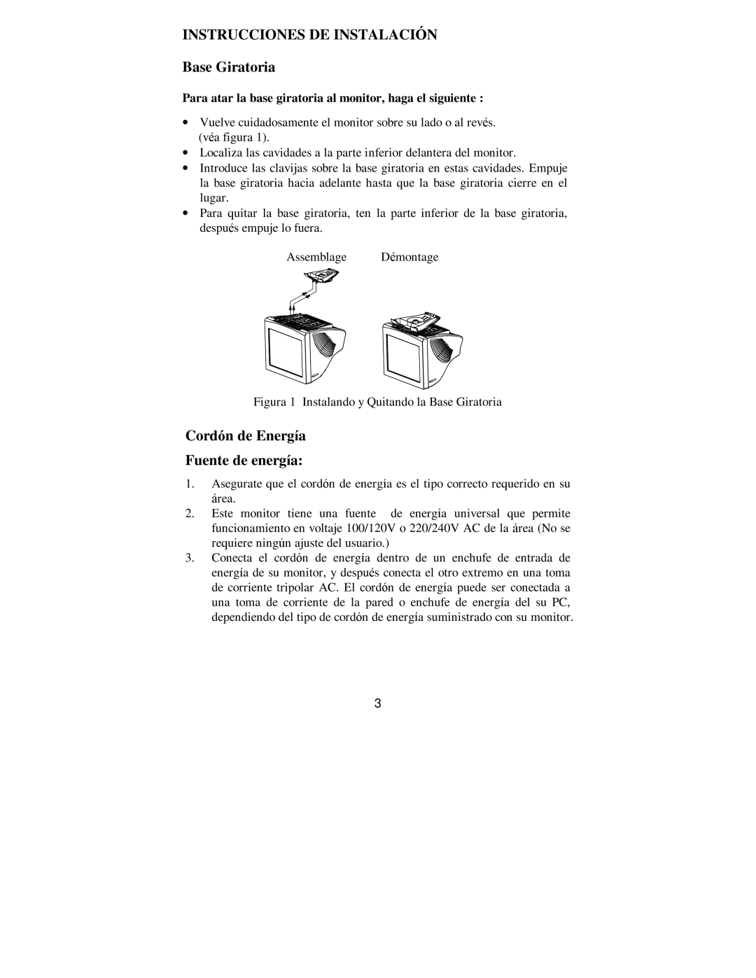 Philips 107E69 manual INSTRUCCIONES DE INSTALACIÓN Base Giratoria, Cordón de Energía Fuente de energía 
