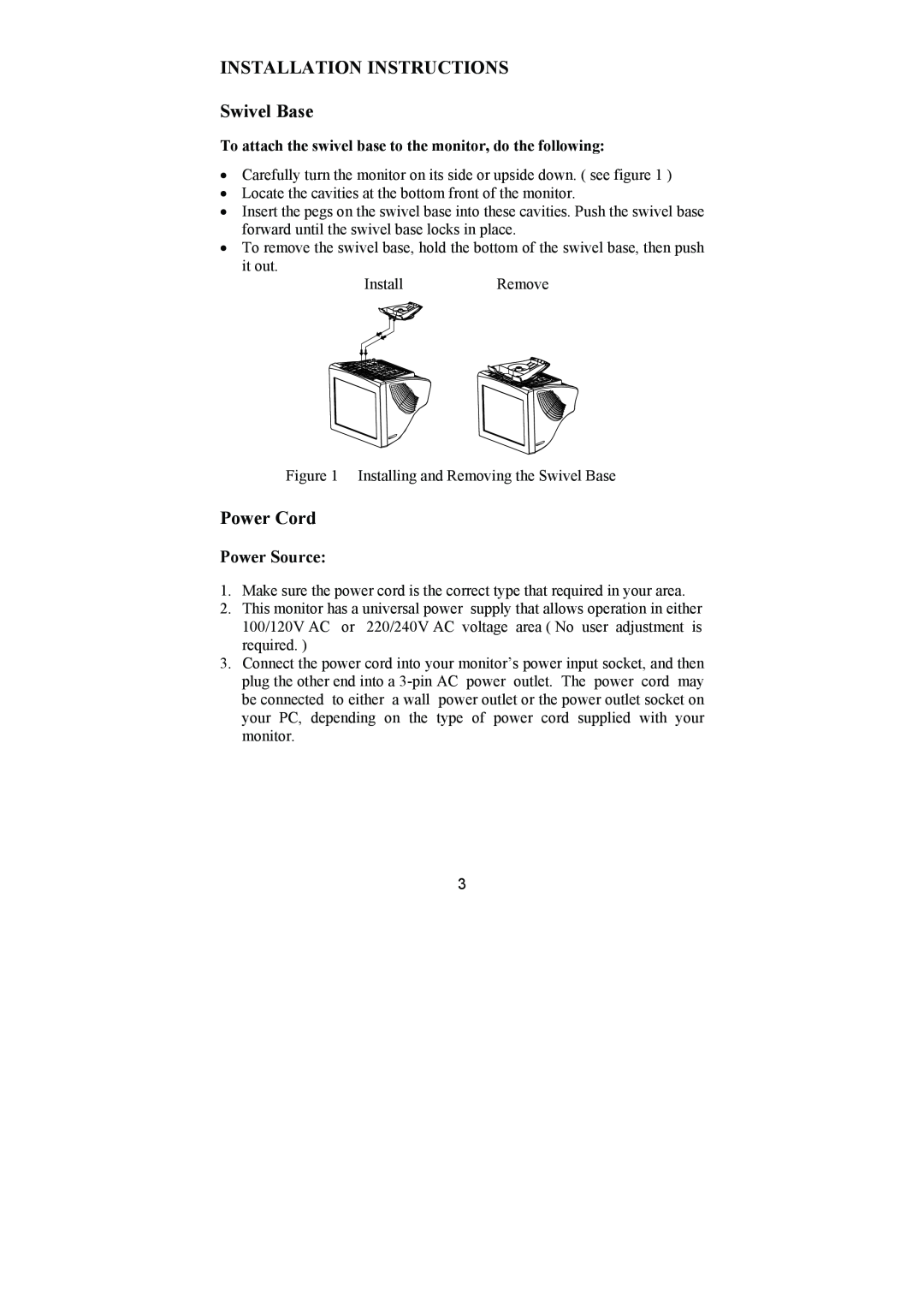 Philips 107E69 manual INSTALLATION INSTRUCTIONS Swivel Base, Power Cord, Power Source 