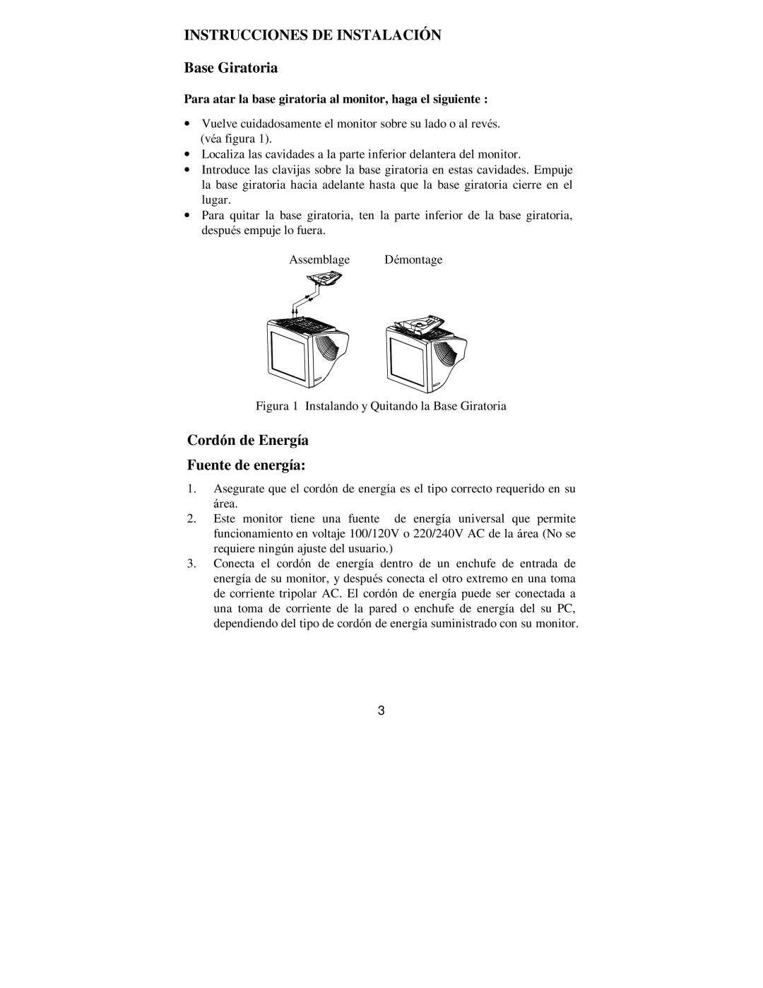 Philips 107E69 manual Instrucciones DE Instalación, Base Giratoria, Cordón de Energía Fuente de energía 