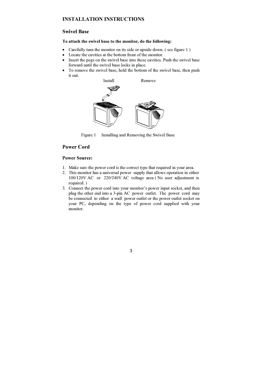 Philips 107E69 manual Installation Instructions, Swivel Base, Power Cord 