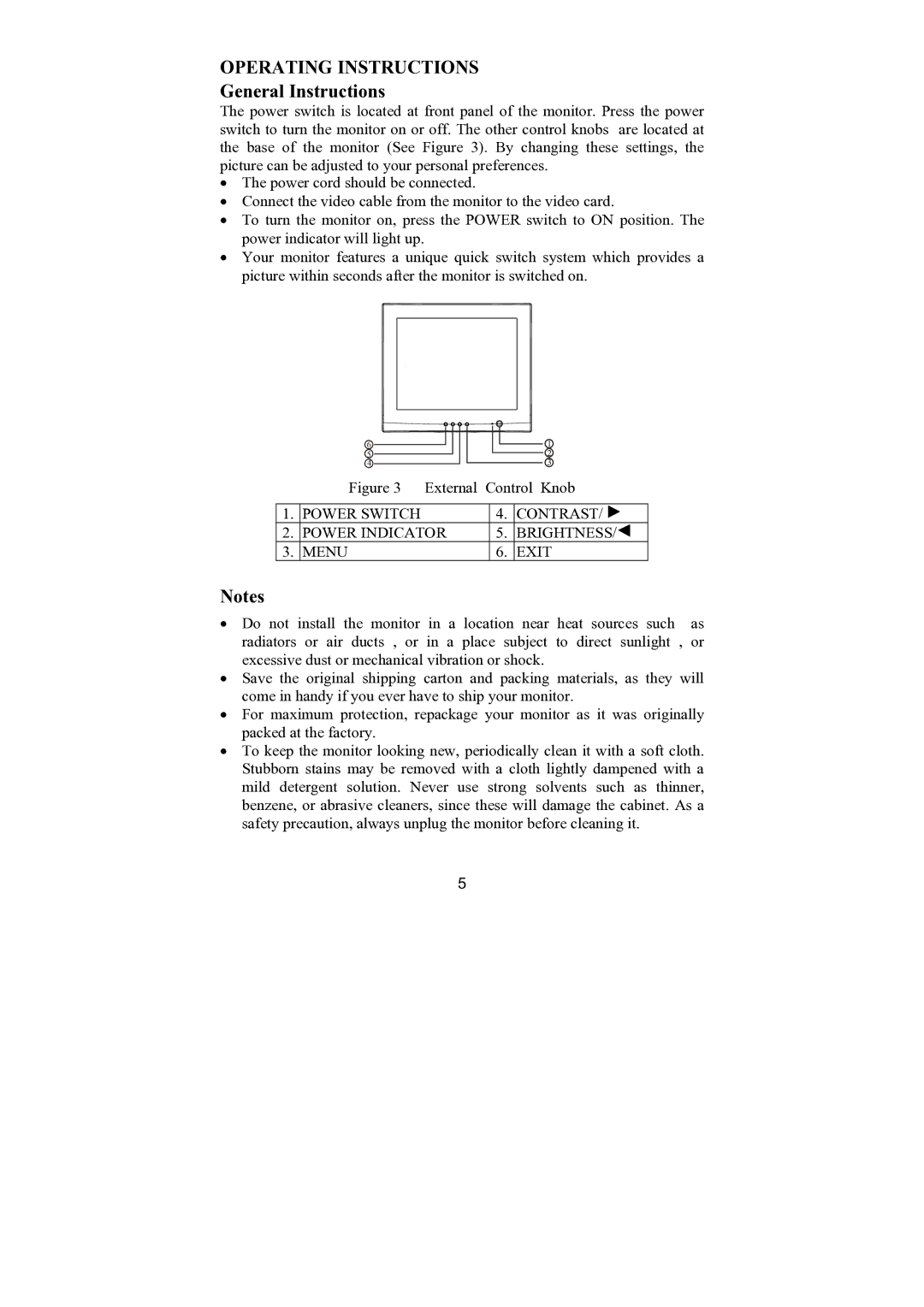 Philips 107E69 Operating Instructions, General Instructions, Power Switch Contrast Power Indicator Brightness Menu Exit 