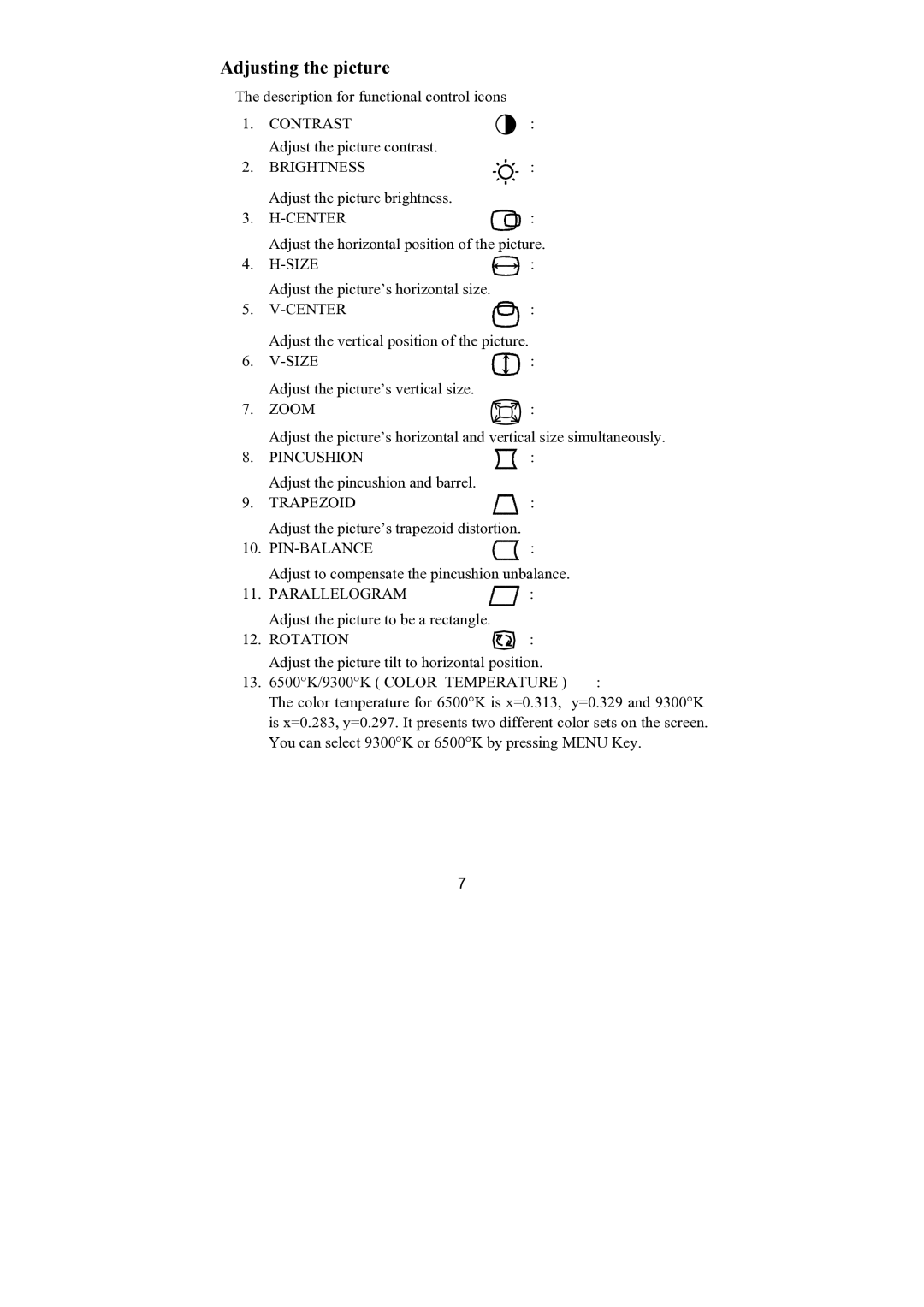 Philips 107E69 manual Adjusting the picture 