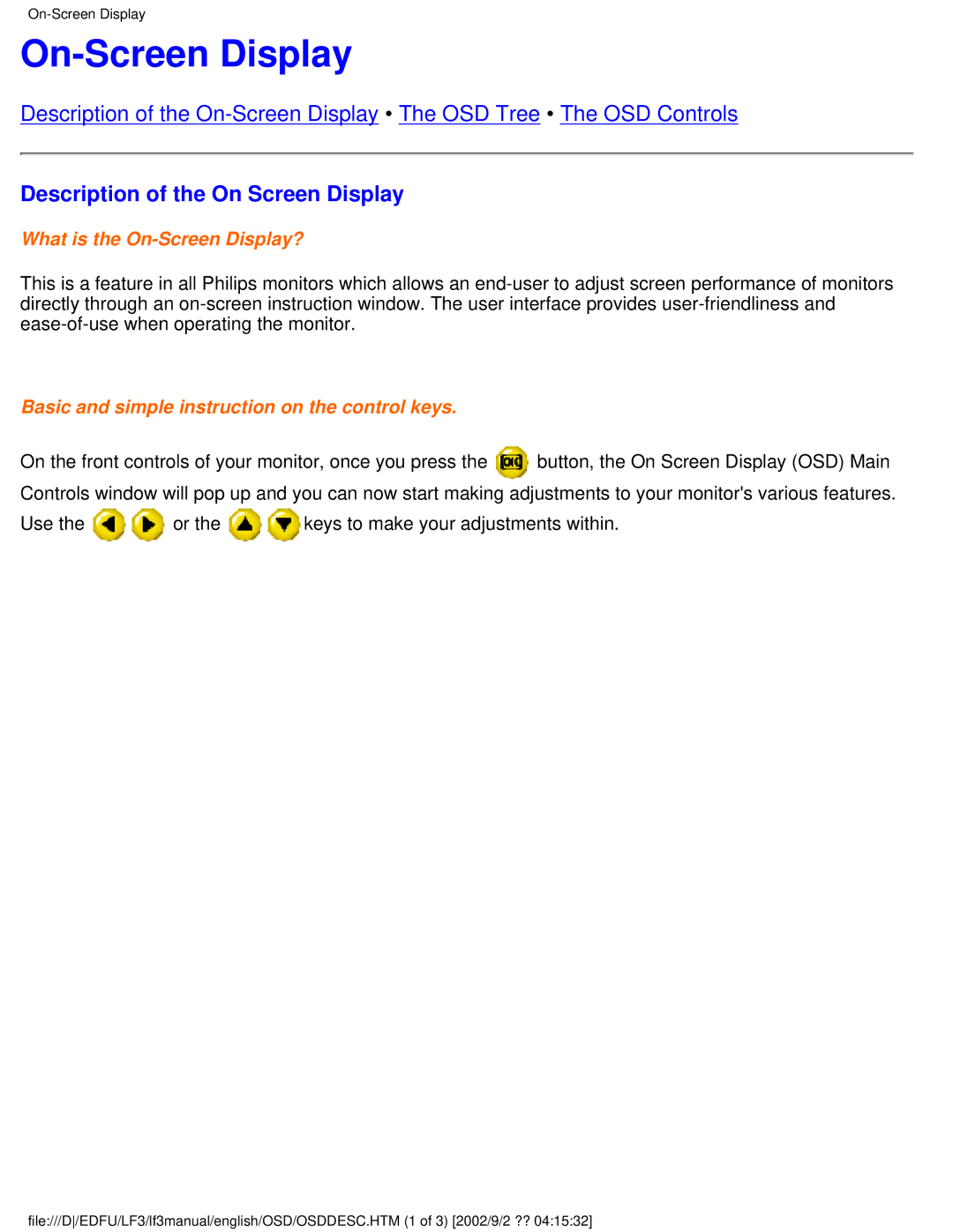 Philips 107F user manual On-Screen Display, Description of the On Screen Display 