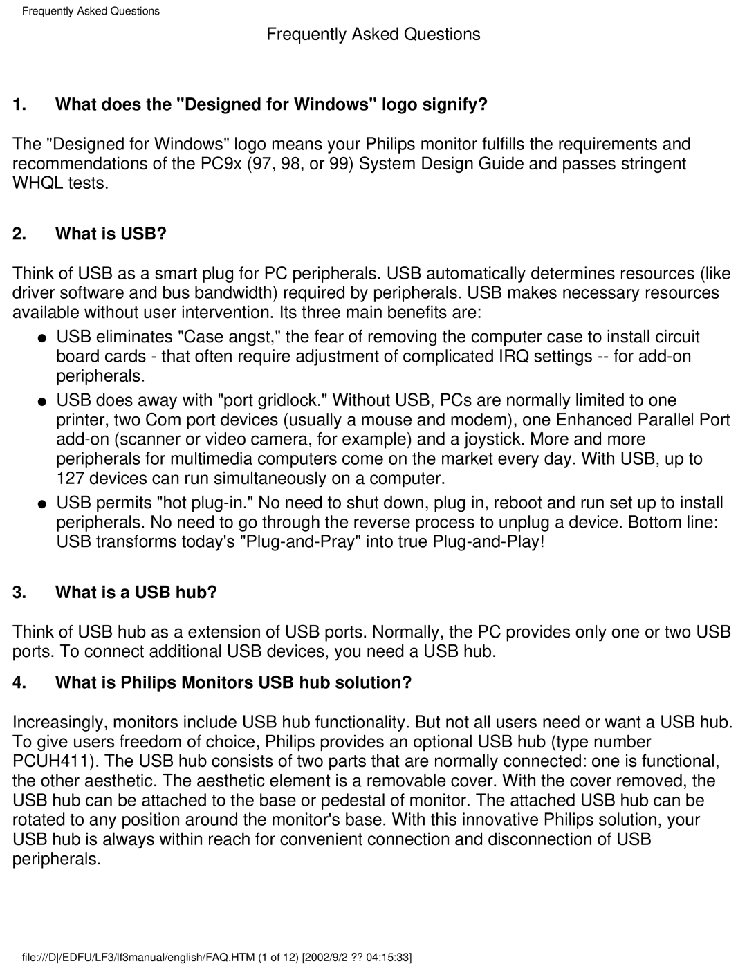 Philips 107F user manual What does the Designed for Windows logo signify?, What is USB?, What is a USB hub? 