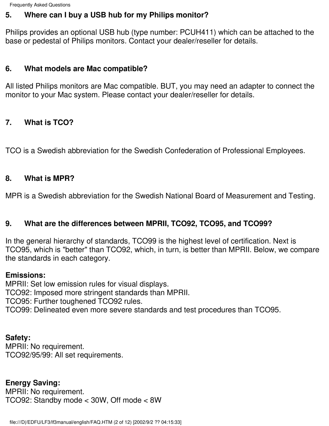 Philips 107F Where can I buy a USB hub for my Philips monitor?, What models are Mac compatible?, What is TCO?, Emissions 