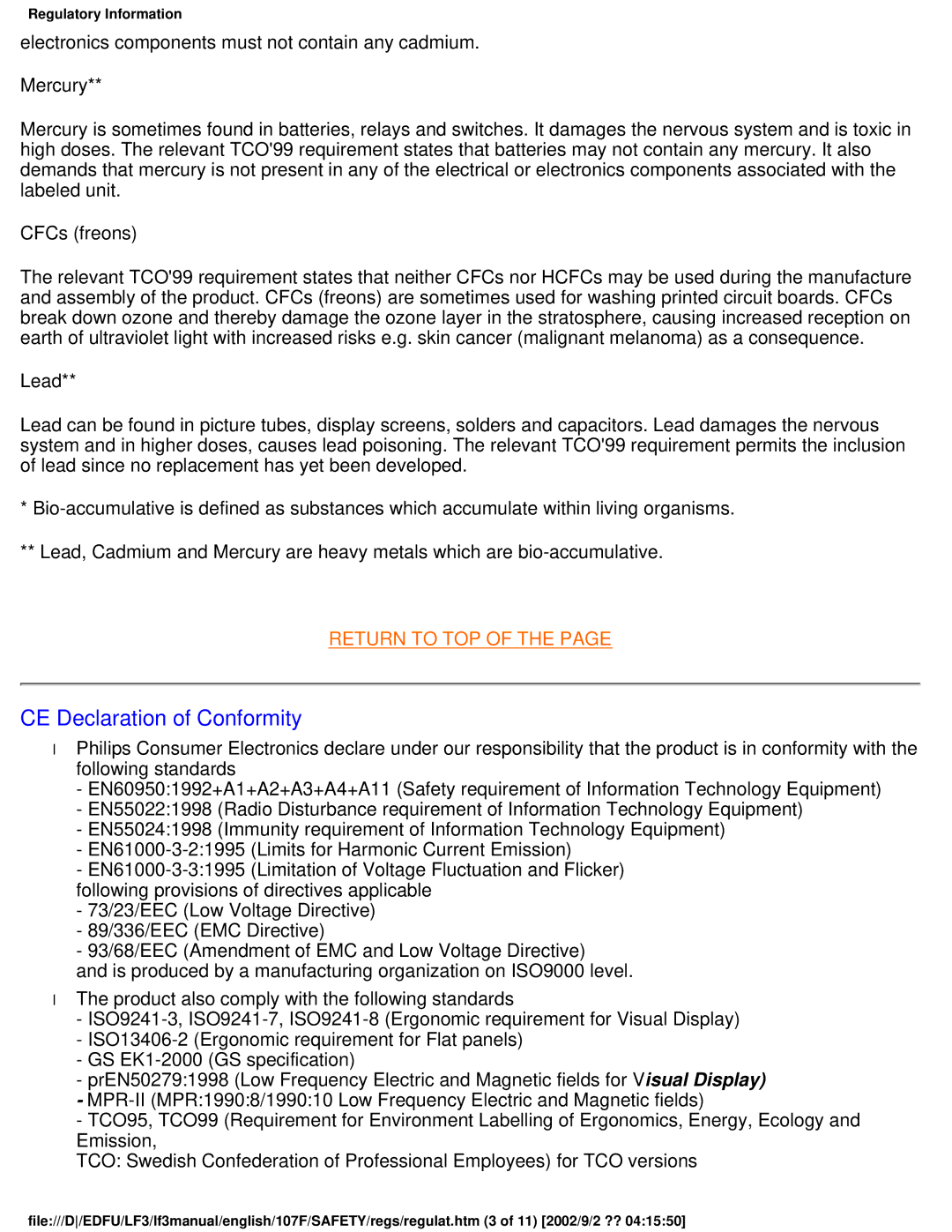 Philips 107F user manual CE Declaration of Conformity, Mercury 