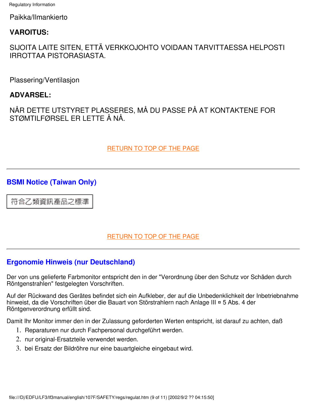 Philips 107F user manual Varoitus, Bsmi Notice Taiwan Only, Ergonomie Hinweis nur Deutschland 