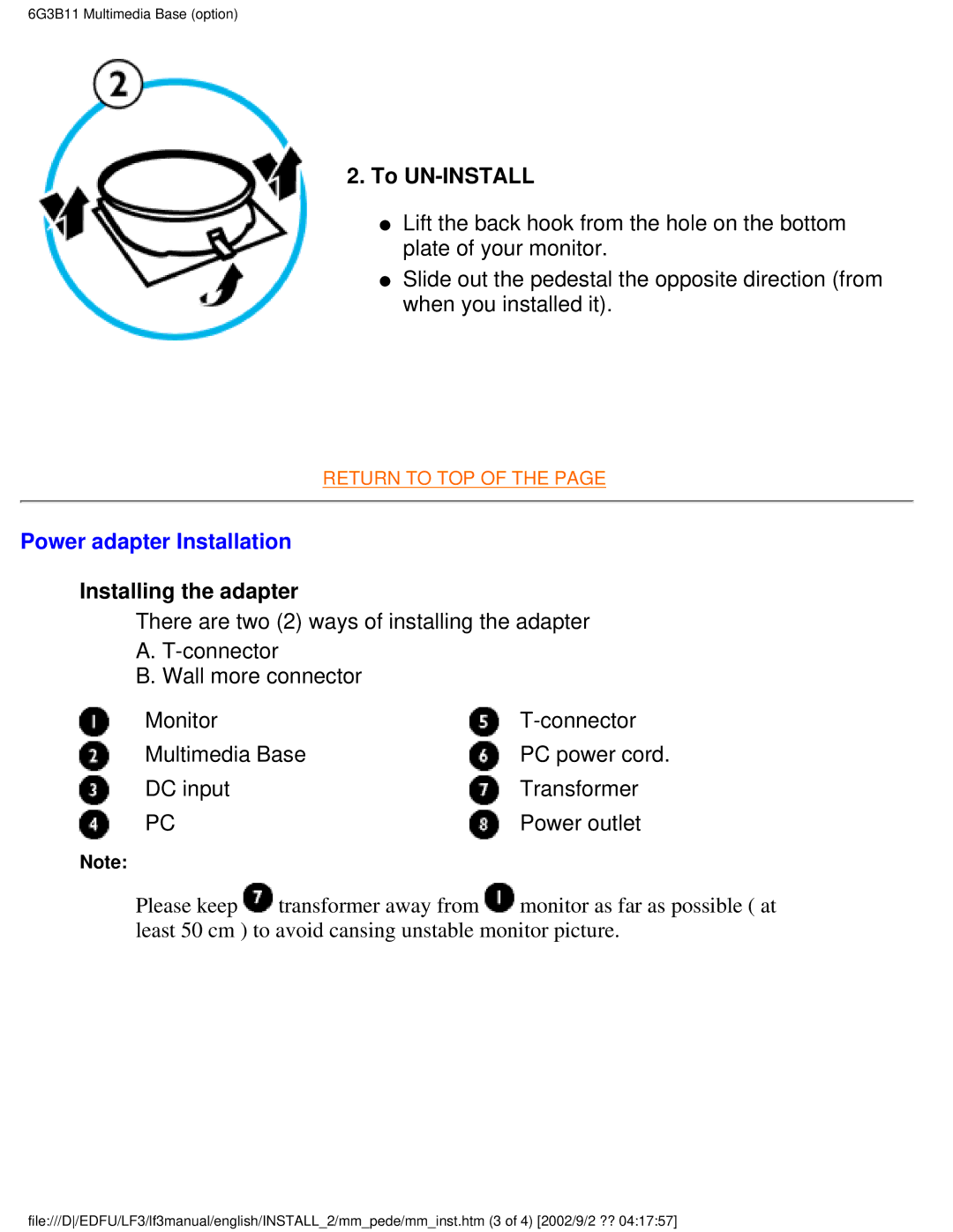 Philips 107F user manual To UN-INSTALL, Power adapter Installation, Installing the adapter 