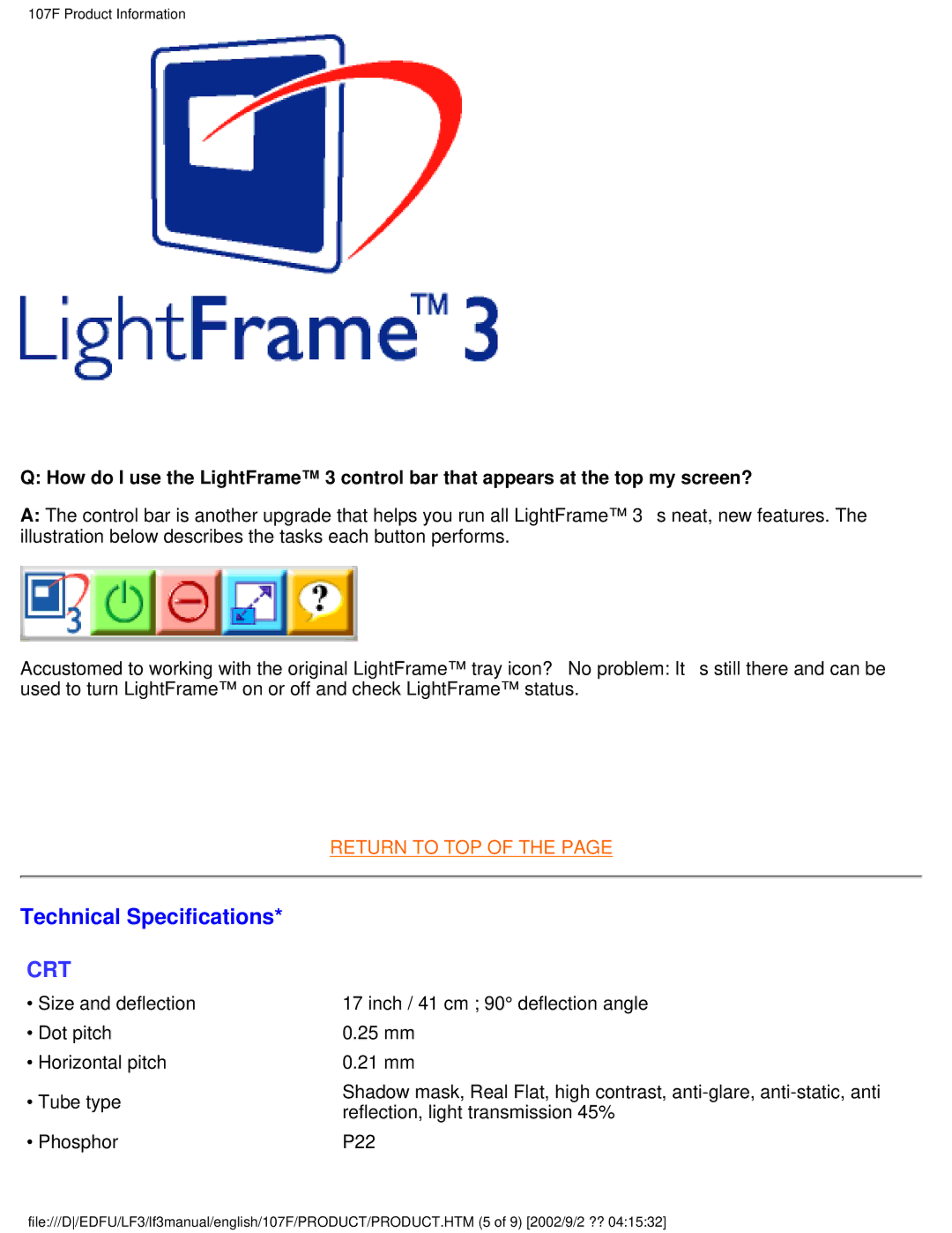 Philips 107F user manual Technical Specifications, Crt 