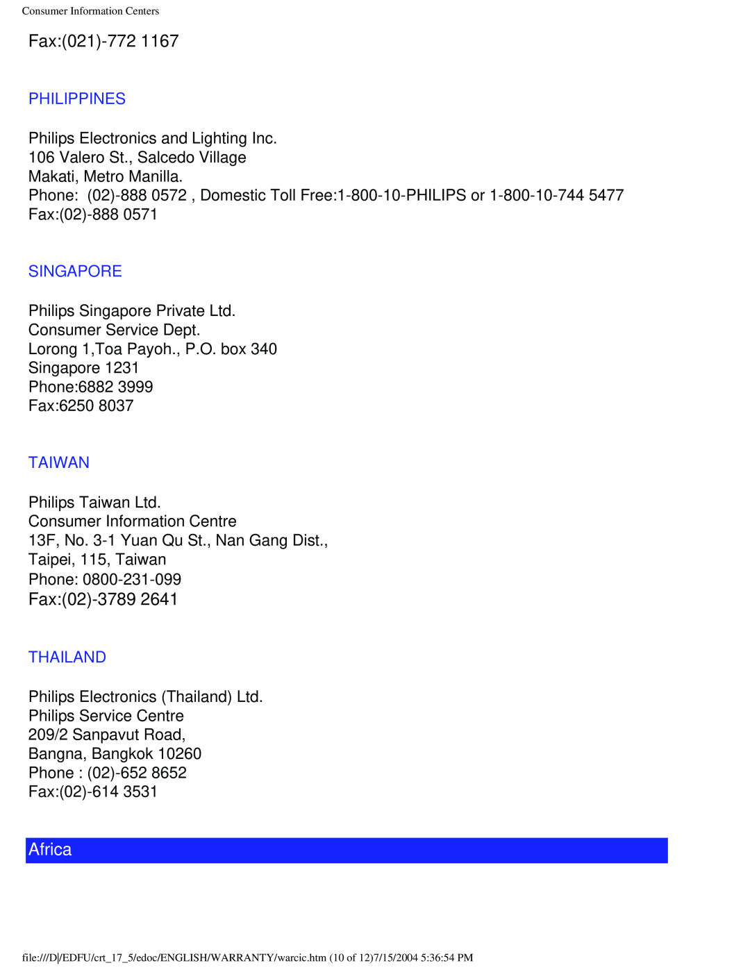 Philips 107G user manual Fax02-3789, Africa, Fax021-772, Philippines, Singapore, Taiwan, Thailand 