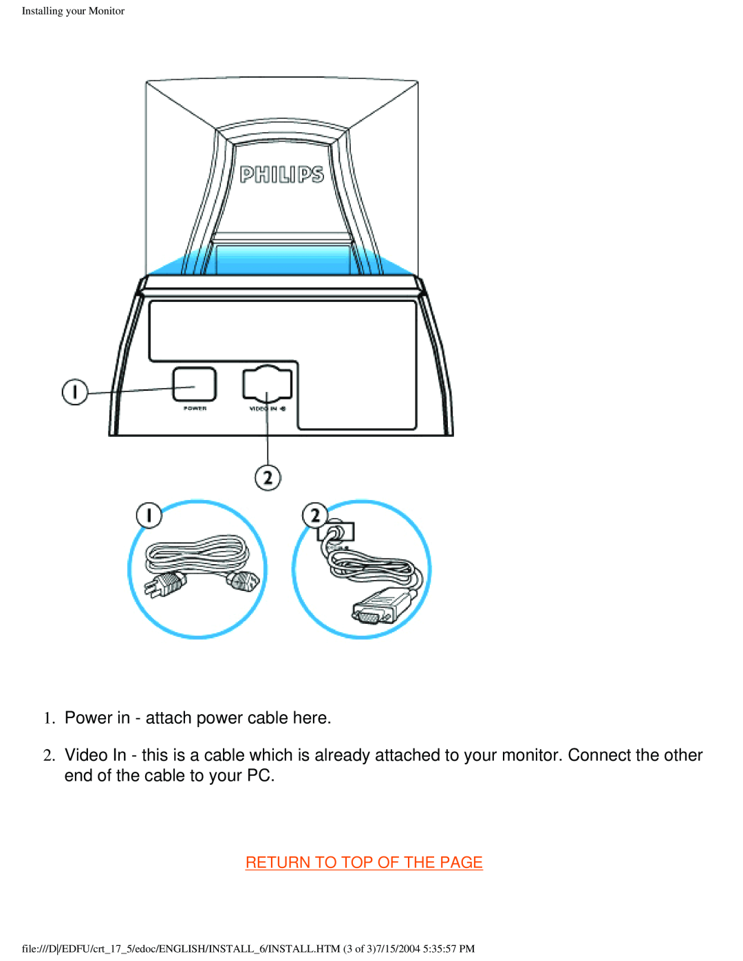 Philips 107G user manual Power in - attach power cable here, Return To Top Of The Page, Installing your Monitor 