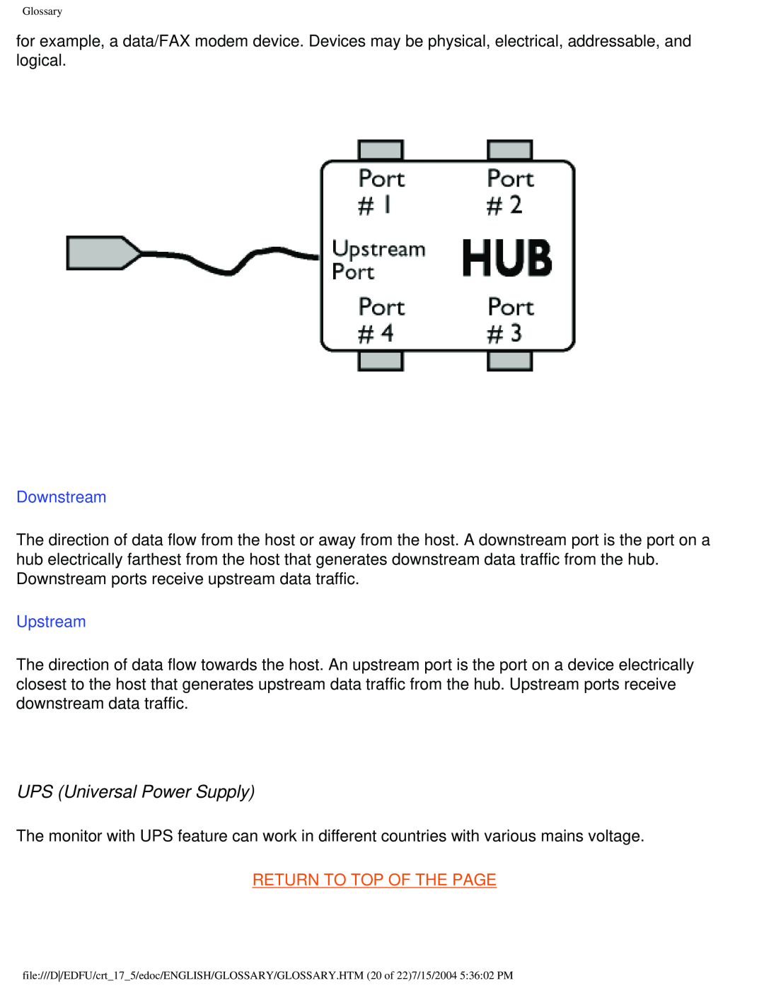 Philips 107G user manual UPS Universal Power Supply, Downstream, Upstream, Return To Top Of The Page 