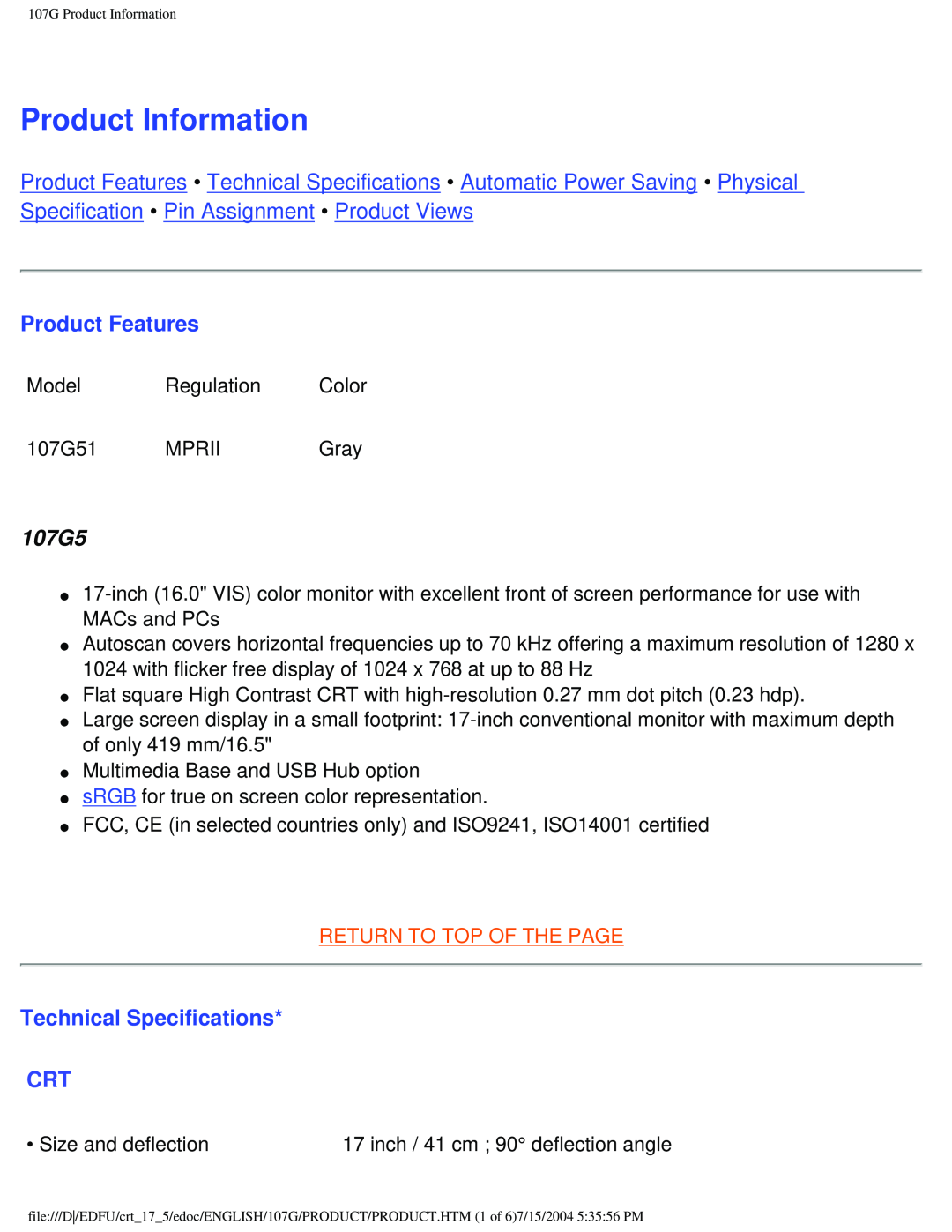 Philips user manual Product Information, Product Features, 107G5, Technical Specifications, Return To Top Of The Page 