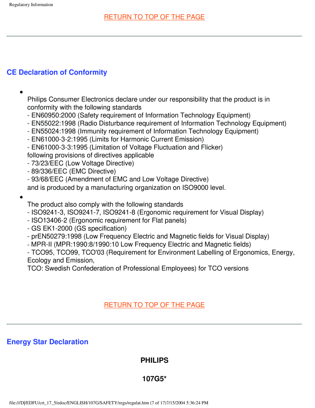 Philips user manual CE Declaration of Conformity, Energy Star Declaration, PHILIPS 107G5, Return To Top Of The Page 