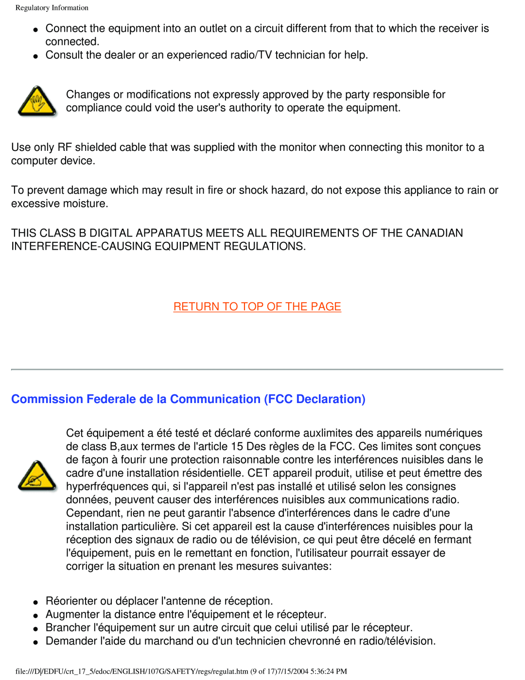 Philips 107G user manual Commission Federale de la Communication FCC Declaration, Return To Top Of The Page 