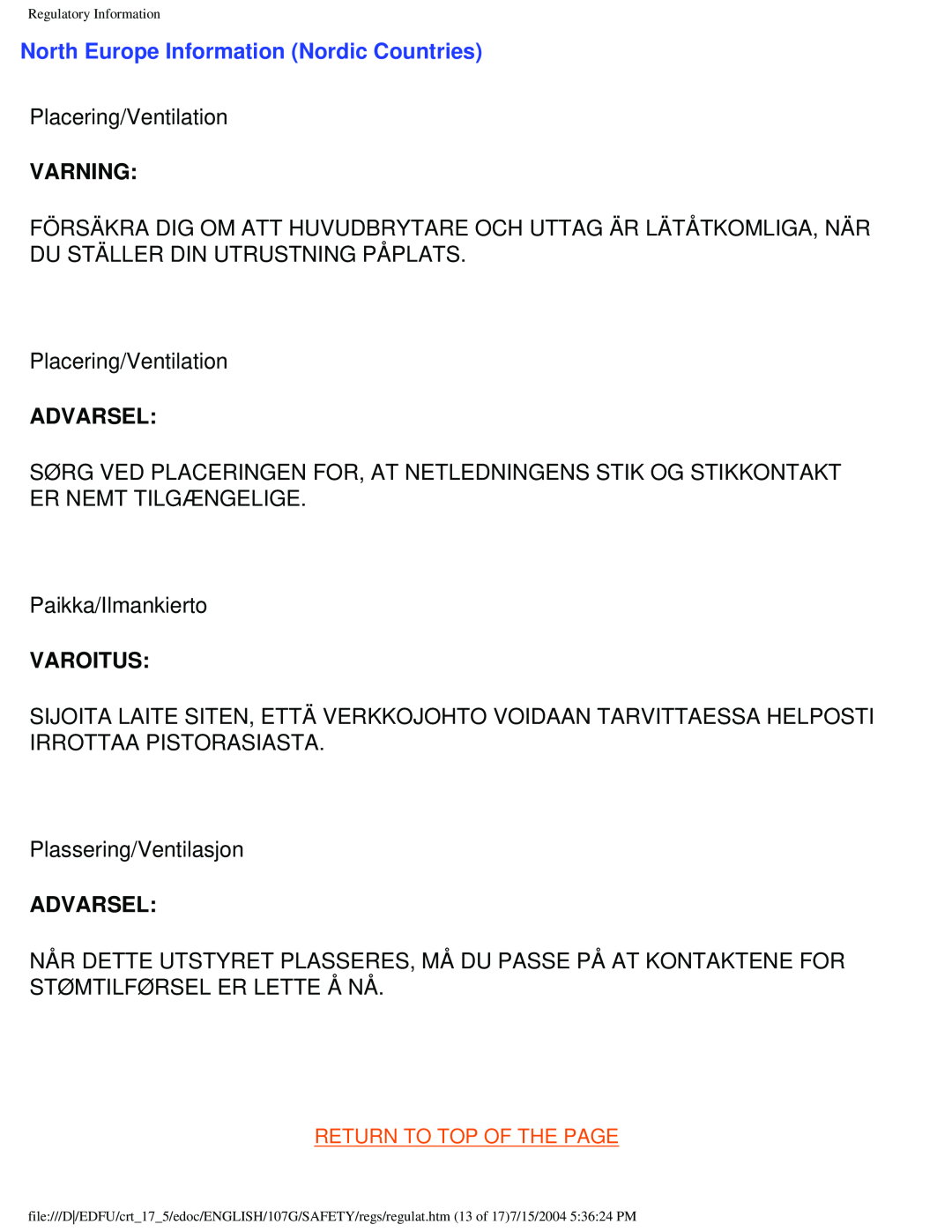 Philips 107G user manual North Europe Information Nordic Countries, Varning, Advarsel, Varoitus 