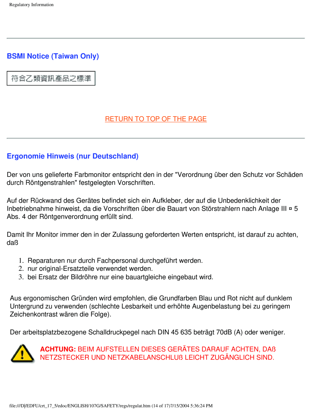 Philips 107G user manual BSMI Notice Taiwan Only, Ergonomie Hinweis nur Deutschland, Return To Top Of The Page 