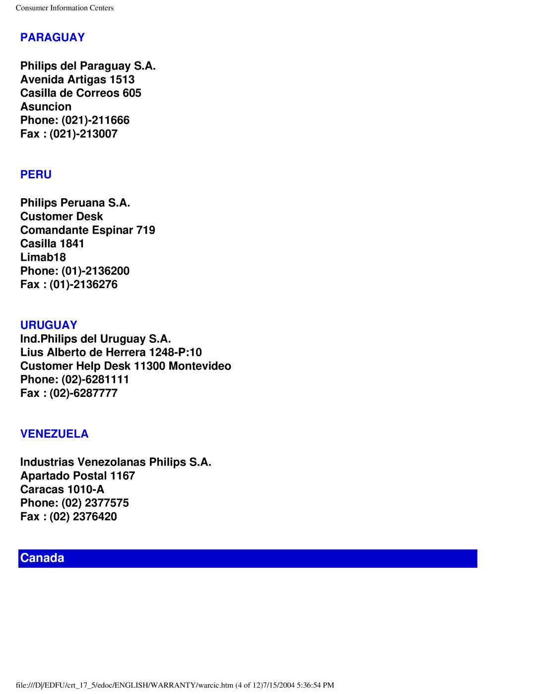 Philips 107G user manual Canada 