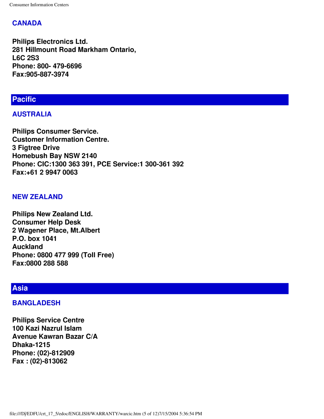 Philips 107G user manual Pacific 