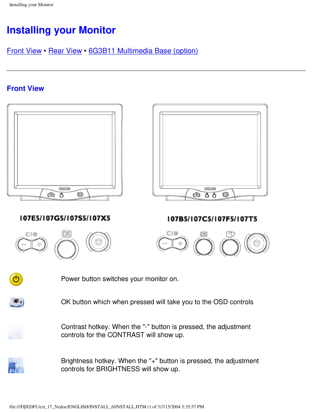 Philips 107G user manual Installing your Monitor, Front View 