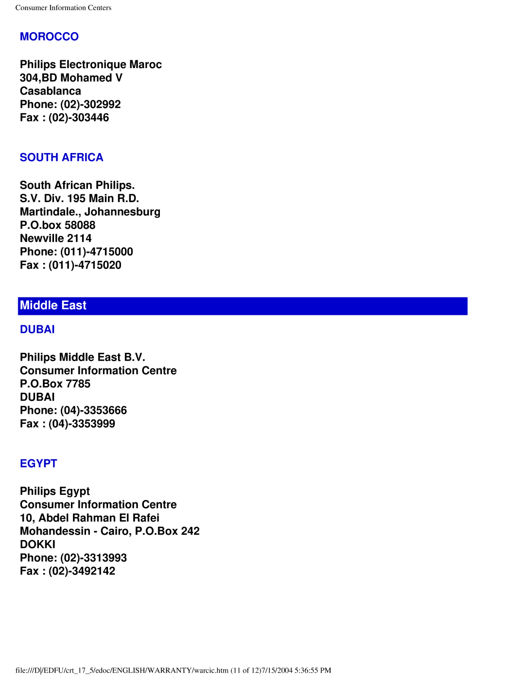 Philips 107G user manual Middle East 