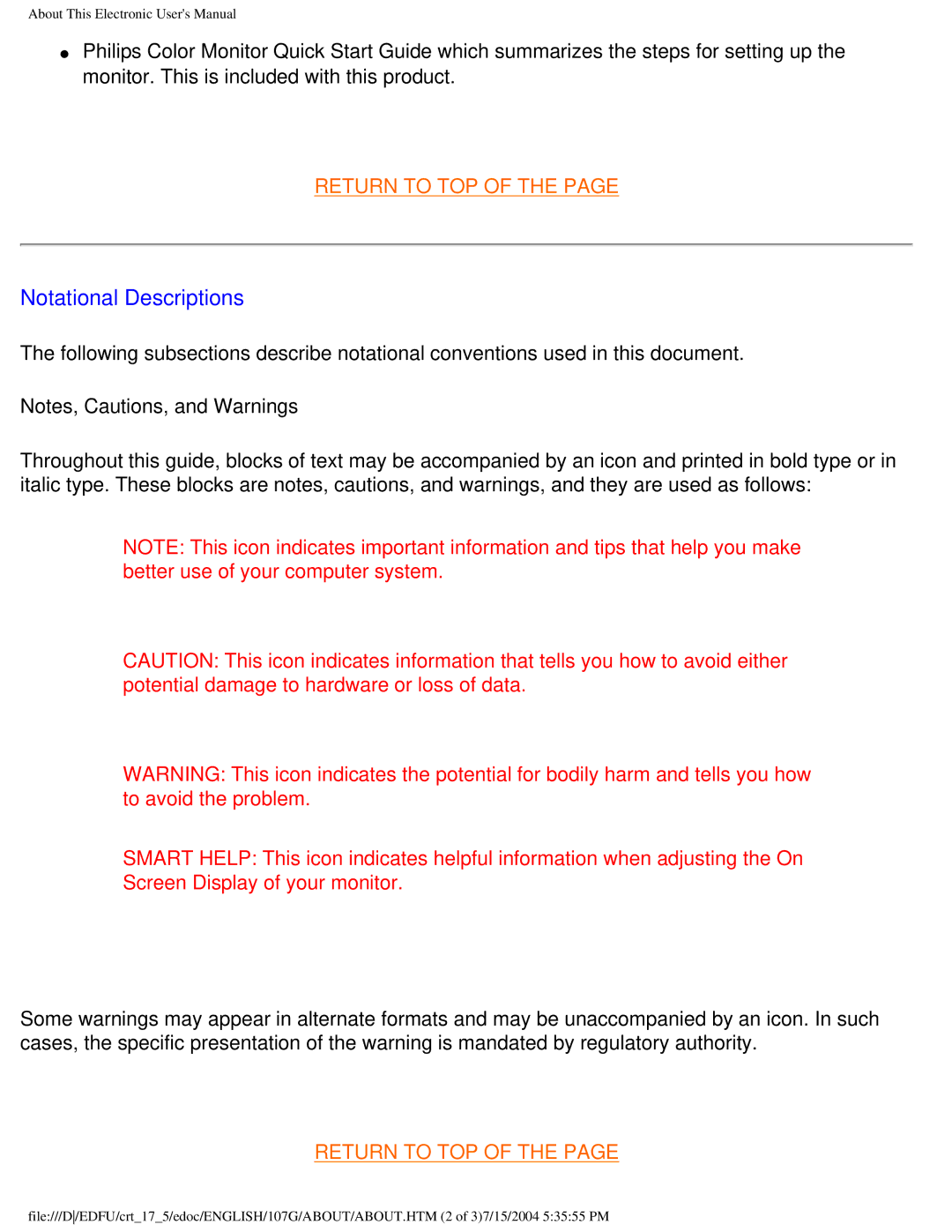 Philips 107G user manual Notational Descriptions 