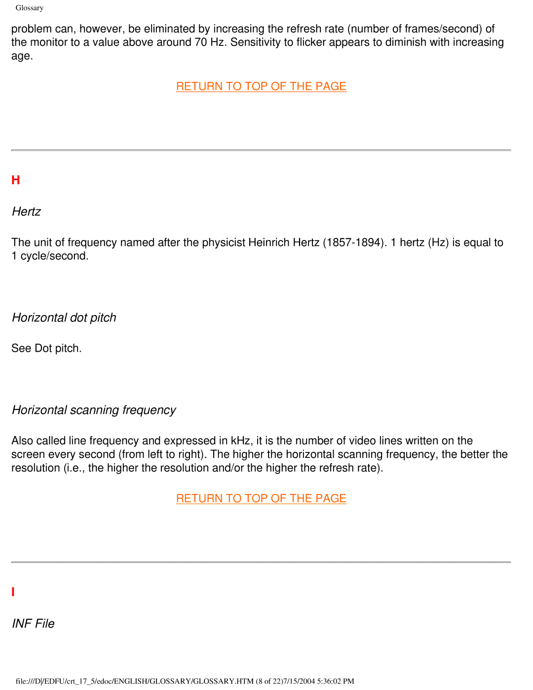 Philips 107G user manual Hertz, Horizontal dot pitch, Horizontal scanning frequency, INF File 