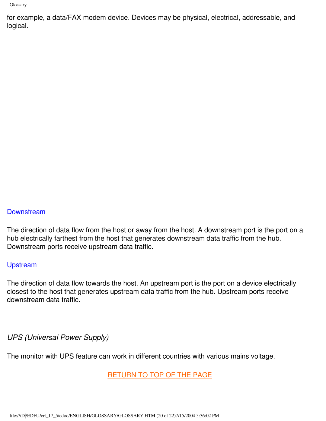 Philips 107G user manual UPS Universal Power Supply, Downstream 