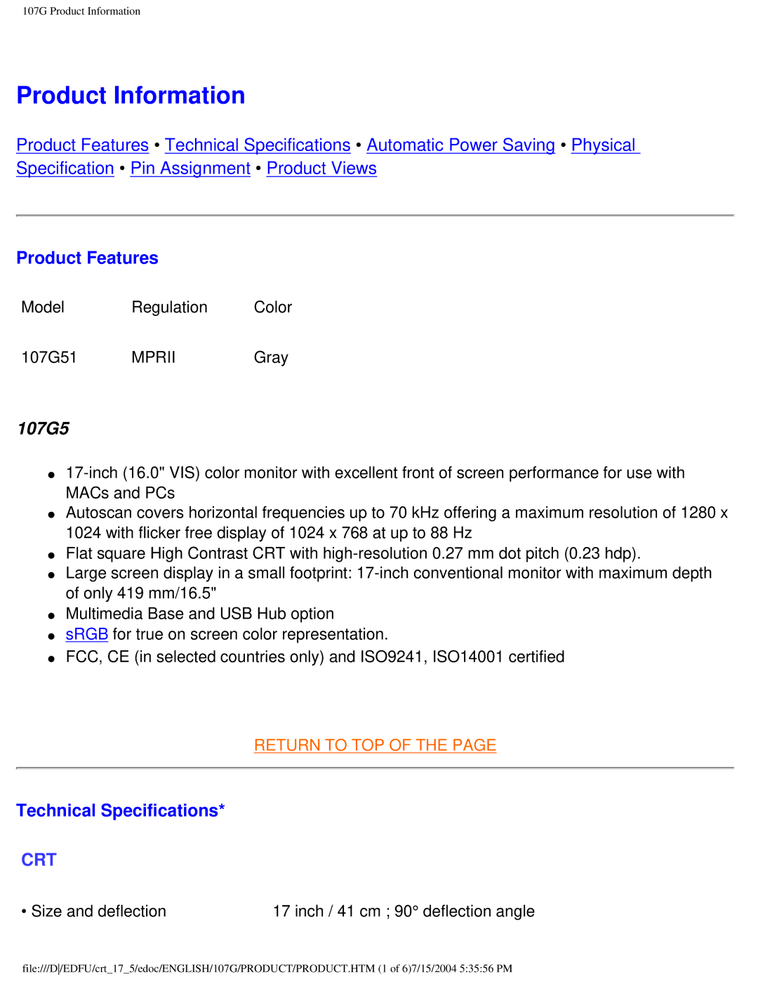 Philips 107G user manual Product Information, Product Features, Technical Specifications 