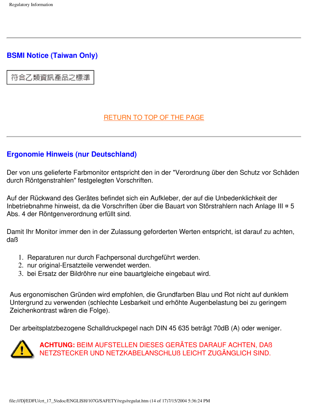 Philips 107G user manual Bsmi Notice Taiwan Only, Ergonomie Hinweis nur Deutschland 