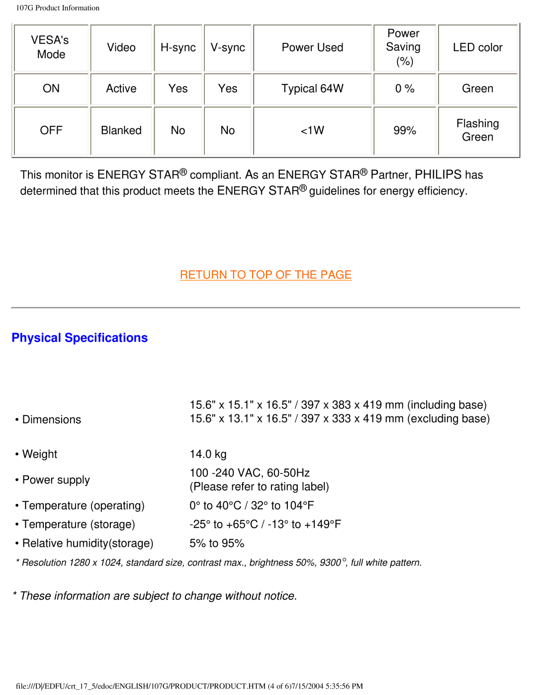 Philips 107G user manual Physical Specifications, Off 