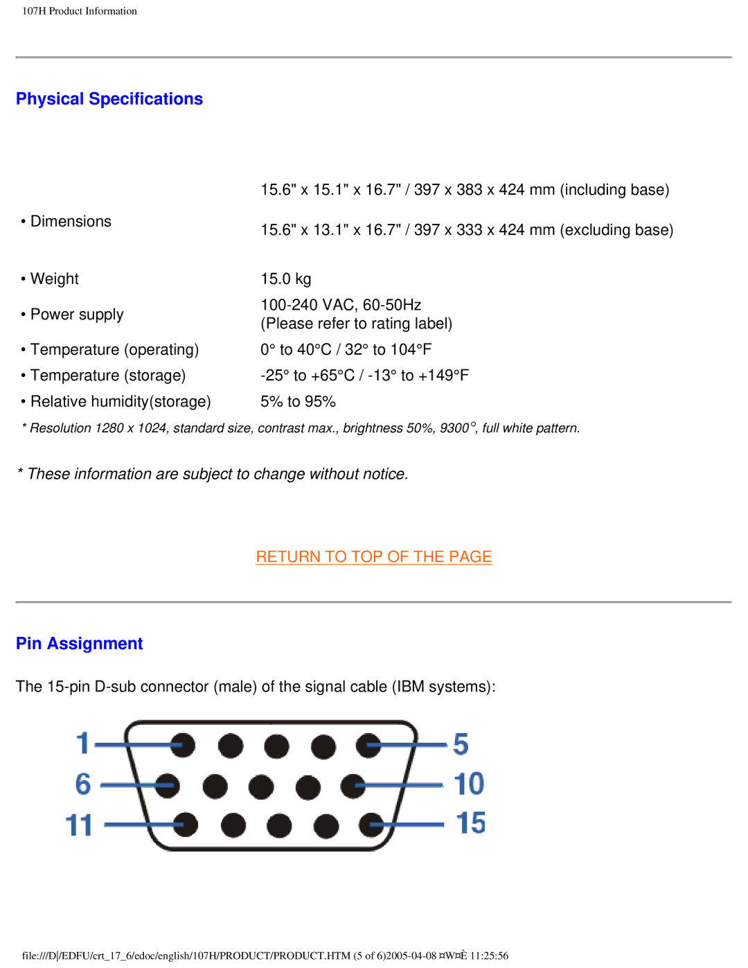 Philips 107H user manual Physical Specifications 