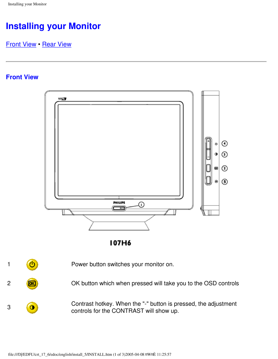 Philips 107H user manual Installing your Monitor, Front View 