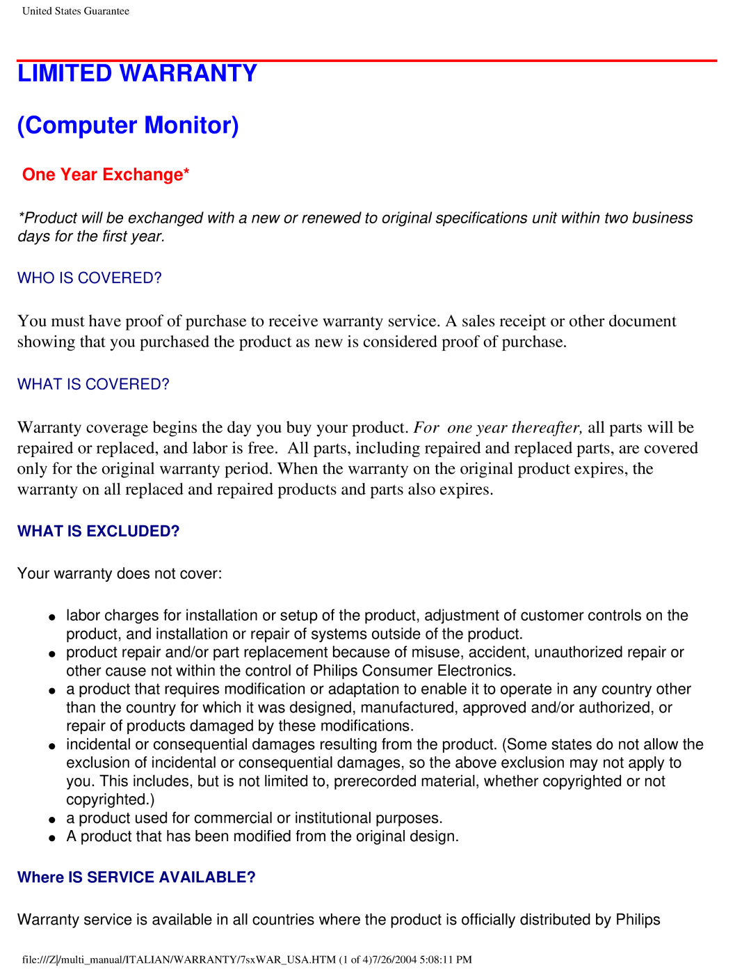 Philips 107P user manual Limited Warranty, Computer Monitor 