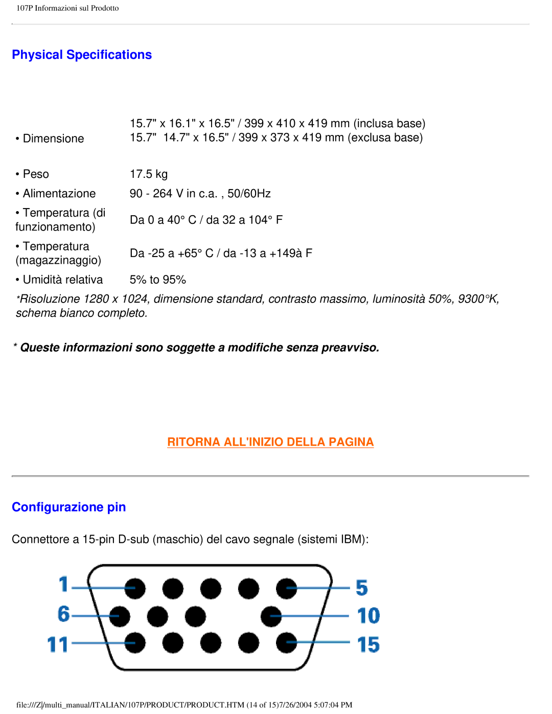 Philips 107P user manual Physical Specifications, Configurazione pin 