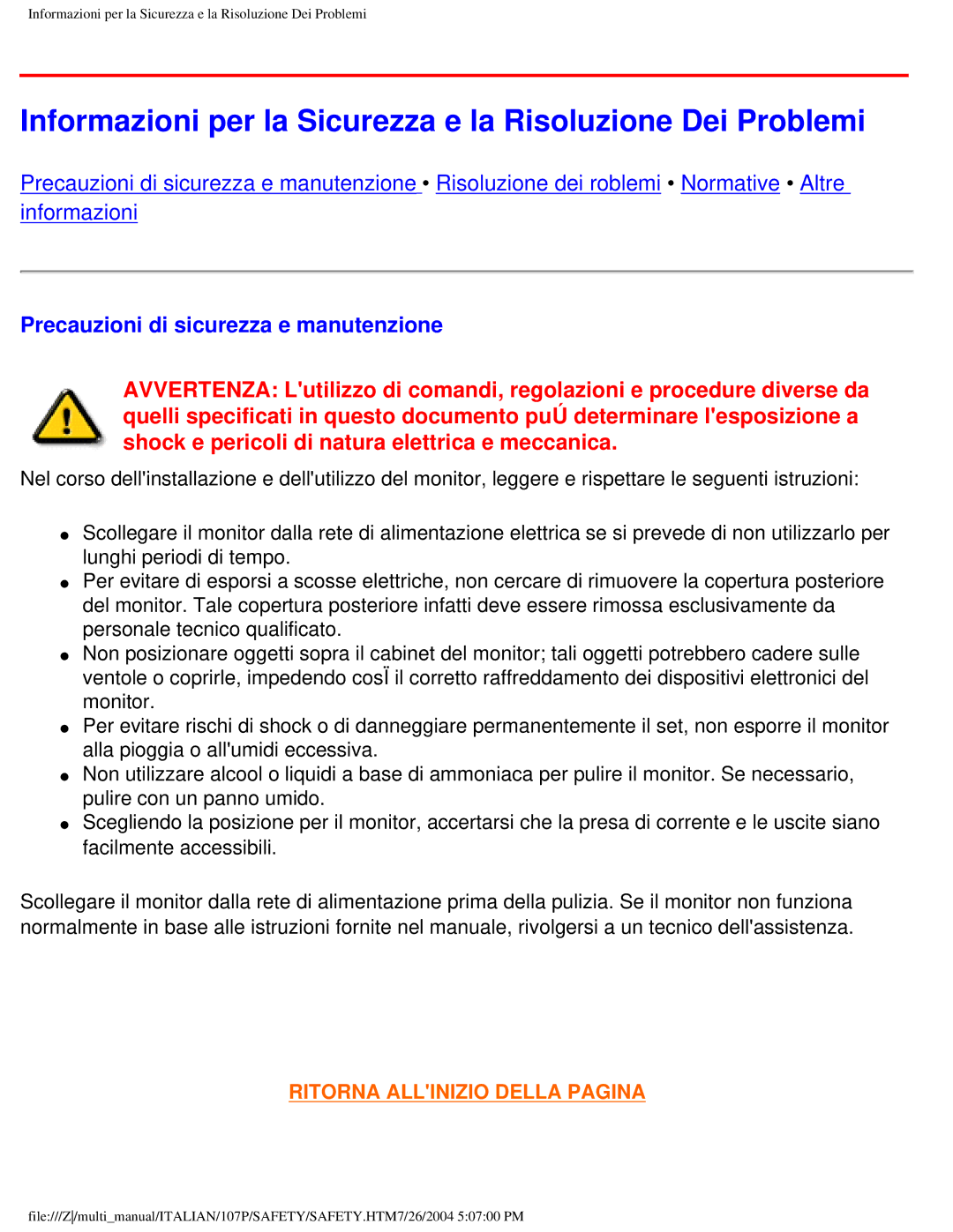 Philips 107P Informazioni per la Sicurezza e la Risoluzione Dei Problemi, Precauzioni di sicurezza e manutenzione 