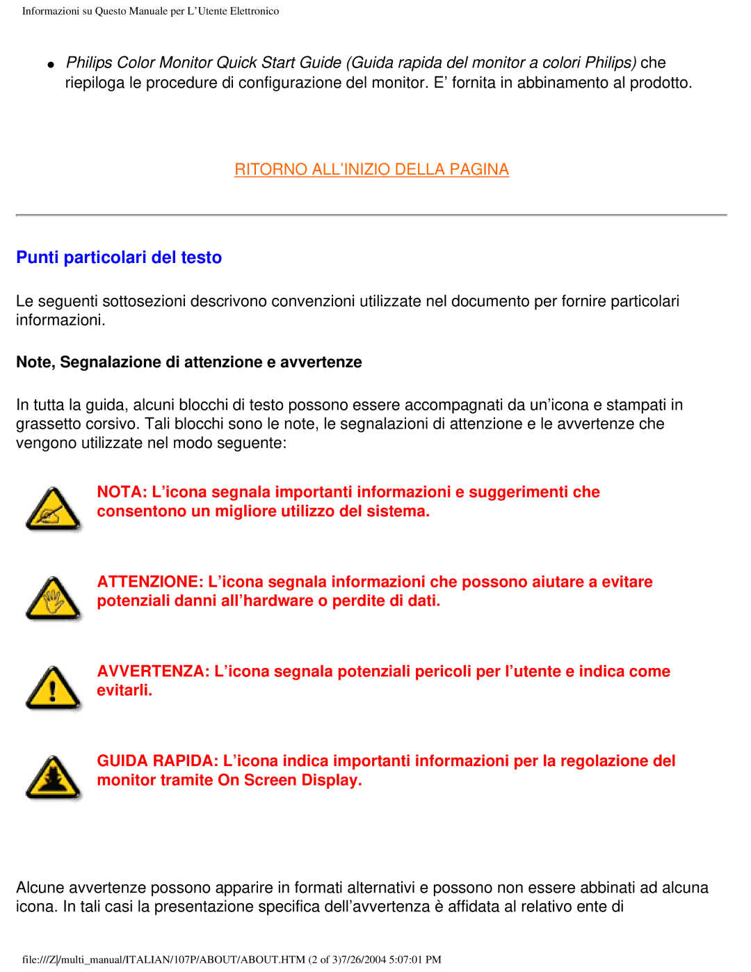 Philips 107P user manual Punti particolari del testo 