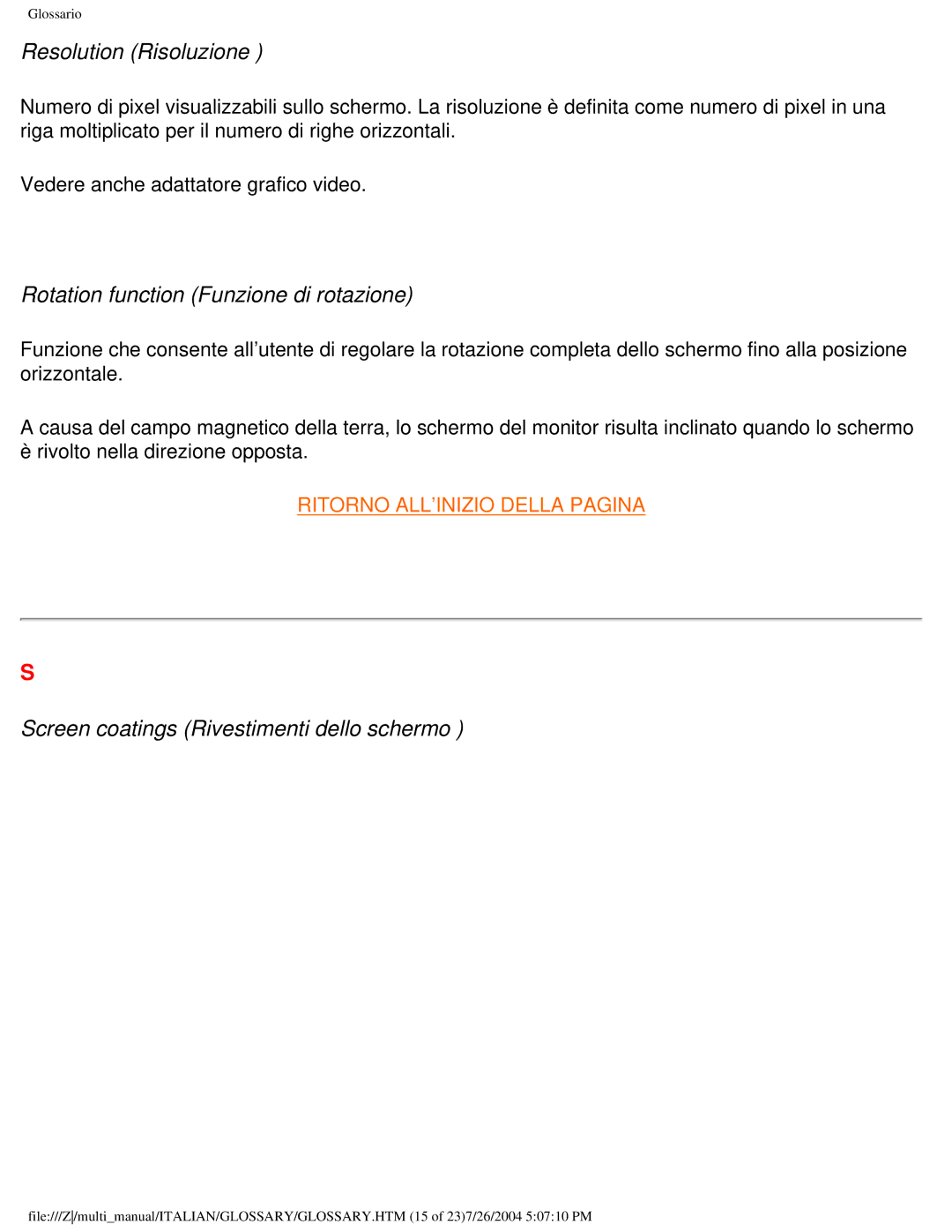 Philips 107P Resolution Risoluzione, Rotation function Funzione di rotazione, Screen coatings Rivestimenti dello schermo 