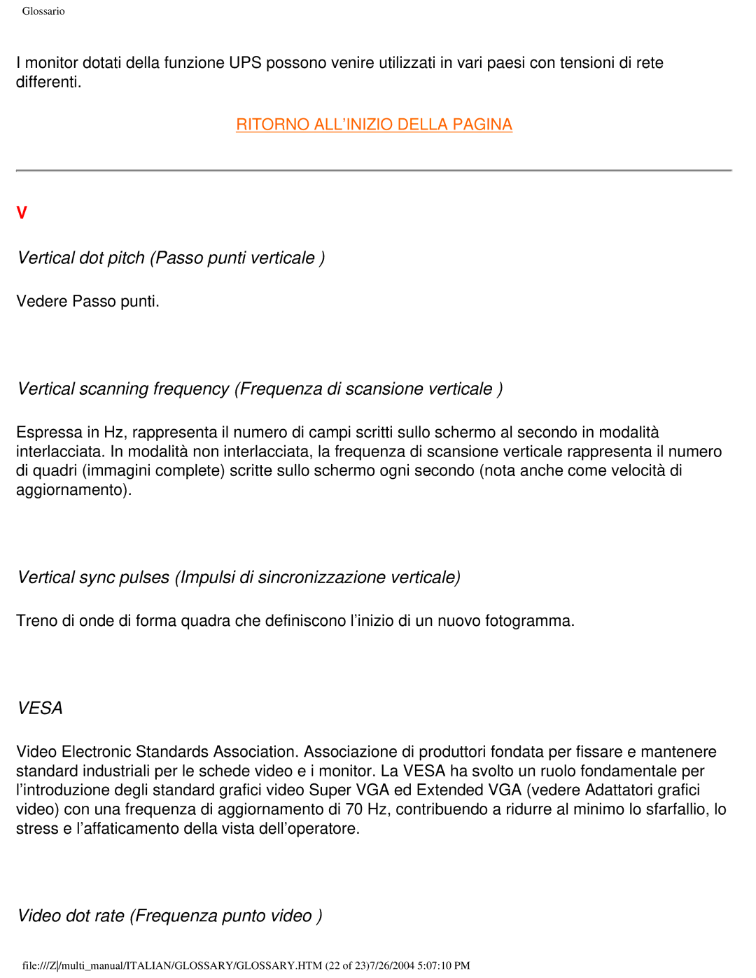 Philips 107P Vertical dot pitch Passo punti verticale, Vertical sync pulses Impulsi di sincronizzazione verticale 