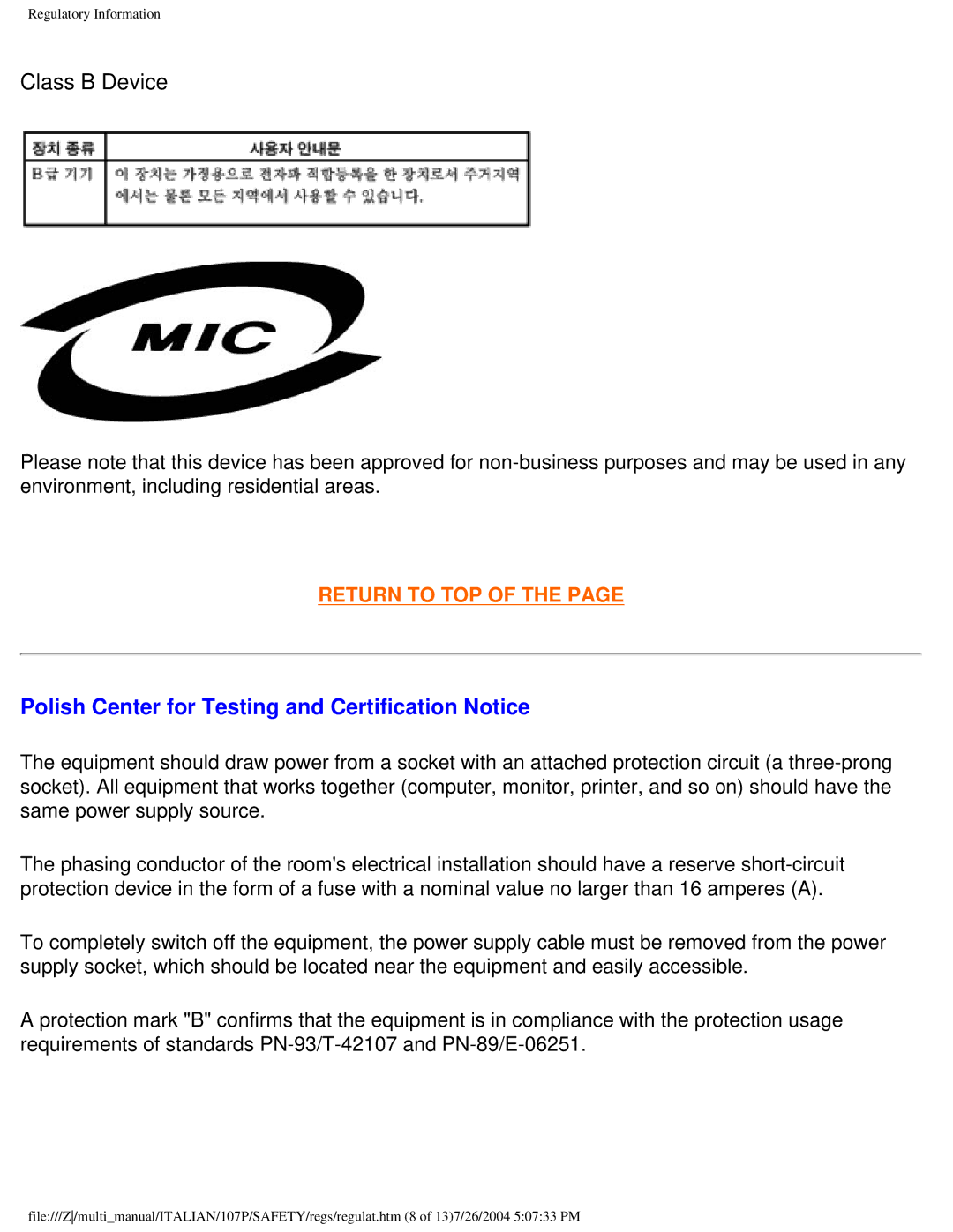 Philips 107P user manual Class B Device, Polish Center for Testing and Certification Notice 