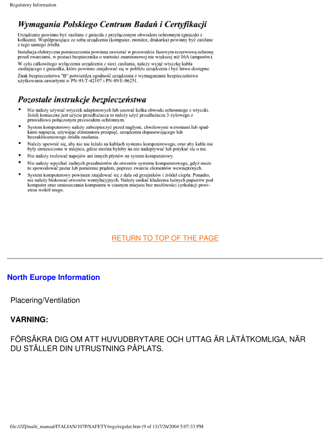 Philips 107P user manual North Europe Information, Varning 