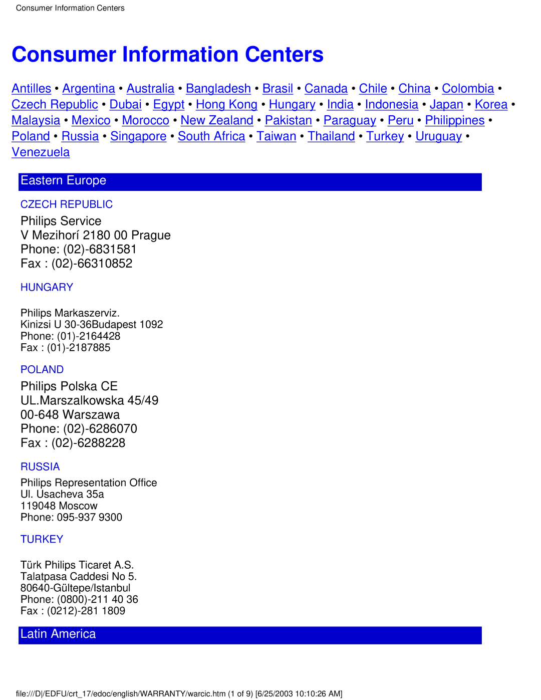 Philips 107P user manual Consumer Information Centers, Eastern Europe 