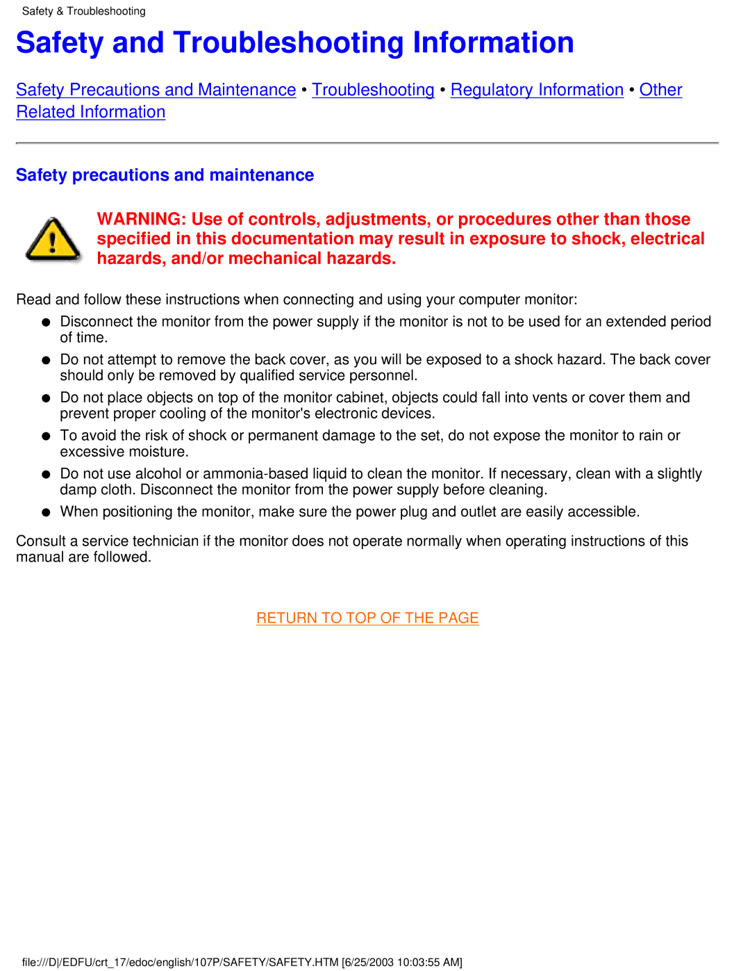 Philips 107P user manual Safety and Troubleshooting Information, Safety precautions and maintenance 