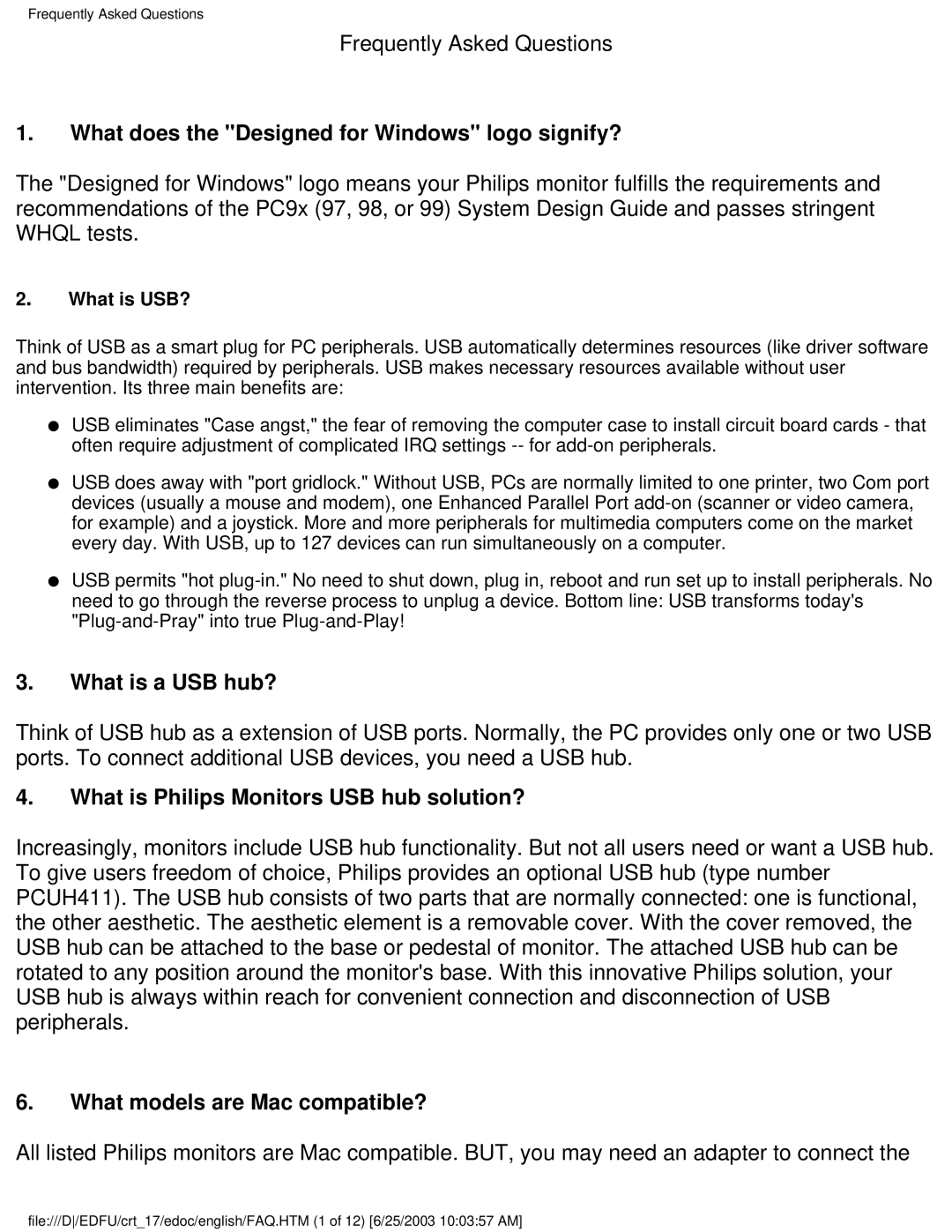 Philips 107P What does the Designed for Windows logo signify?, What is a USB hub?, What models are Mac compatible? 